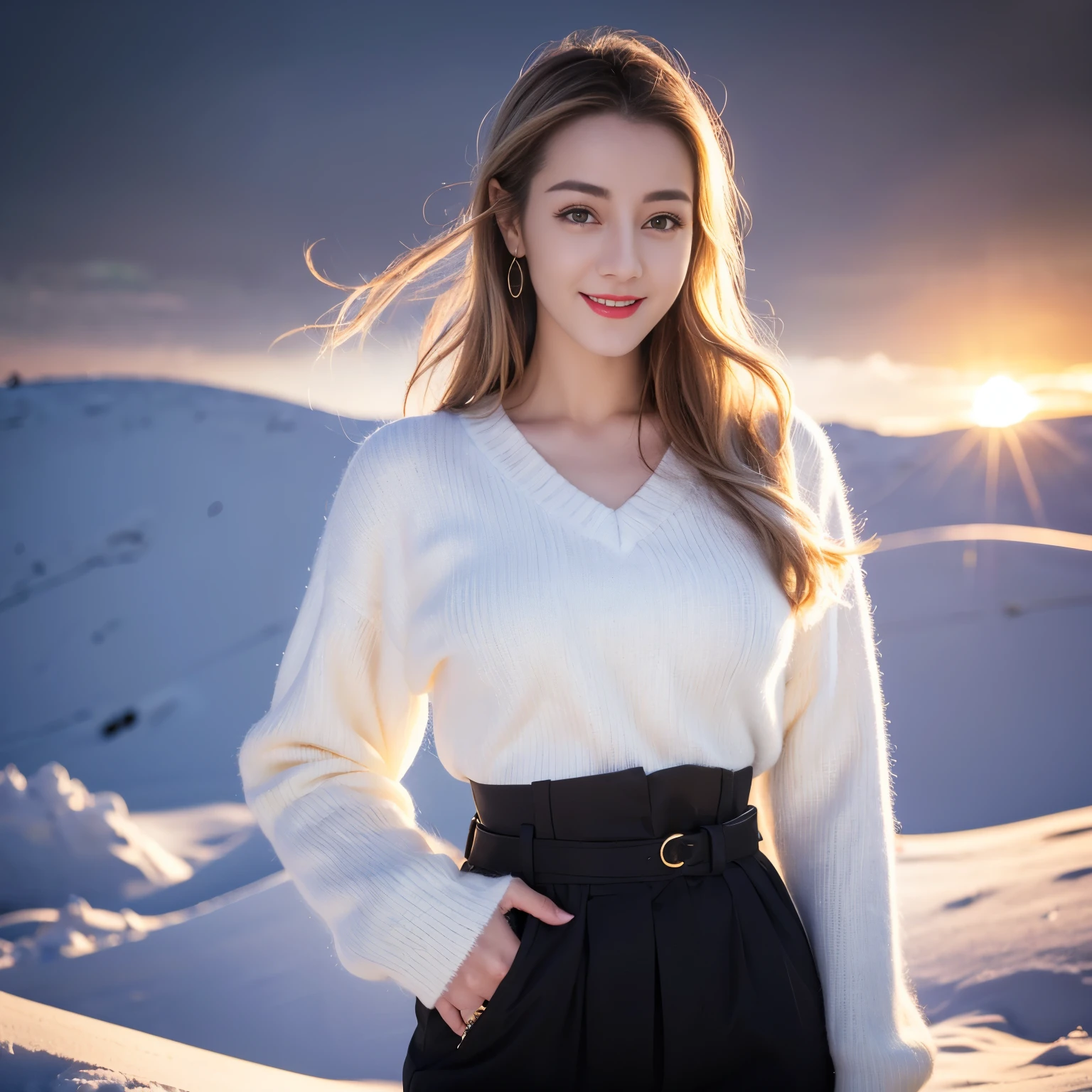 ((top quality、8k、​Masterpiece:1.3))、Extremely delicate and beautiful girl，full-body shot，huge breasts，bigger breasts，amazing breast size，G cup，Half of the breasts are exposed。Wear big earrings，Very white skin，moist red lips，Waist is very thin，Thighs are very thin，big butt，fair and smooth skin，Smooth and fair skin，flawless skin，Fair and shiny skin，cold white skin，The camera focuses on the chest，Bright light，white sweater，Lower body exposed，white hair，White hair，heavy snow，snow mountain，sunset，lake，sweet smile，mouth slightly open