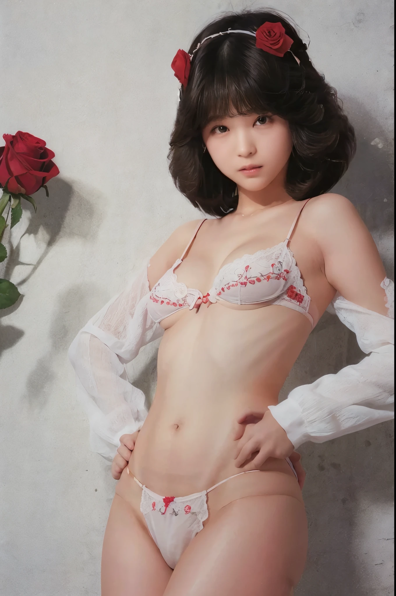 1 girl、18-year-old、naked woman、perfect hourglass body、red rose headband、black lace、thin lace、transparent lace、Small embroidery、crimson rose embroidery、Small embroidery、oversized breasts、E cup bra、best breasts、biggest chest、big breasts、beautiful breasts、upturned chest、black half cup bra、small areola、Light brown areola、small nipples、Light brown nipples、rose thong、lie flat、open your legs、camel toe、open your legs、long pubic hair、dark pubic hair、long pubic hair、dark pubic hair、love hotel、