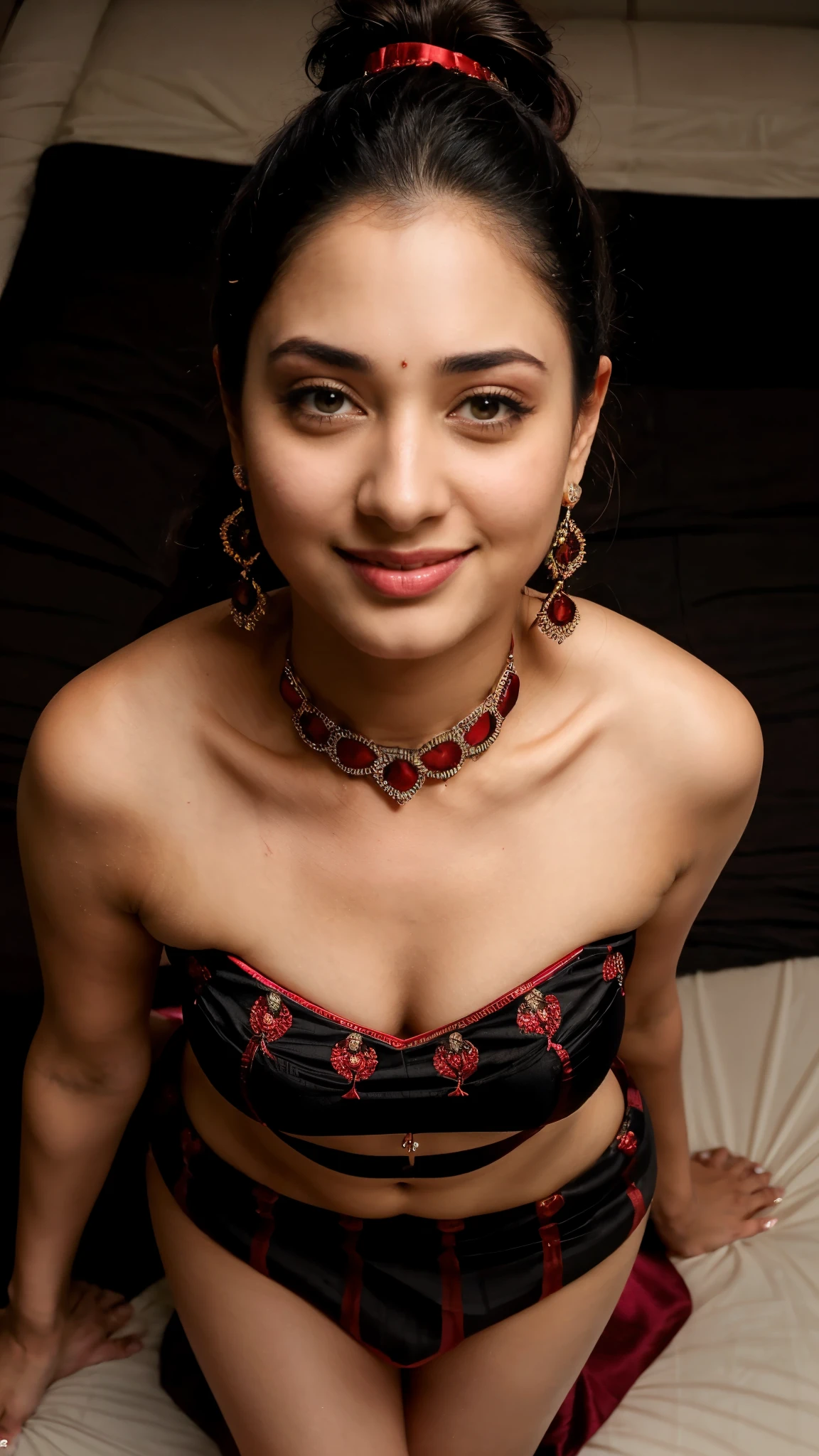 extreme closeup full body of sexy t4mm, seductive, deep cleavage, looking at viewer, smile, ponytail, black red half embroidered strapless deep neck lehenga, from top view, night scene,