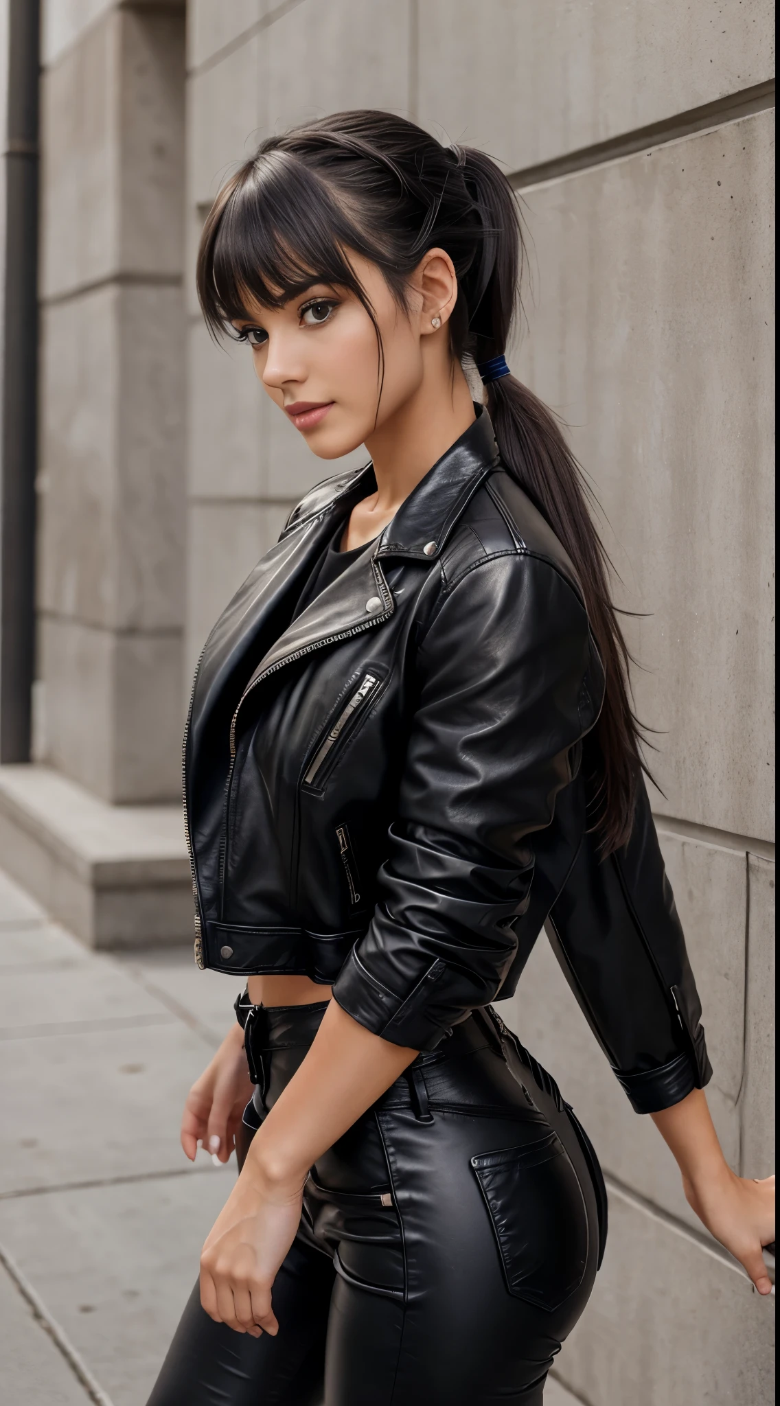 Realism, a 25 - year - old girl, dark hair, a ponytail on her head, bangs falling, face, beautiful hairstyle, light makeup, dressed in a leather jacket, dressed in leather pant, beautiful shoes --ar 2:3 50 --style raw --s 2
