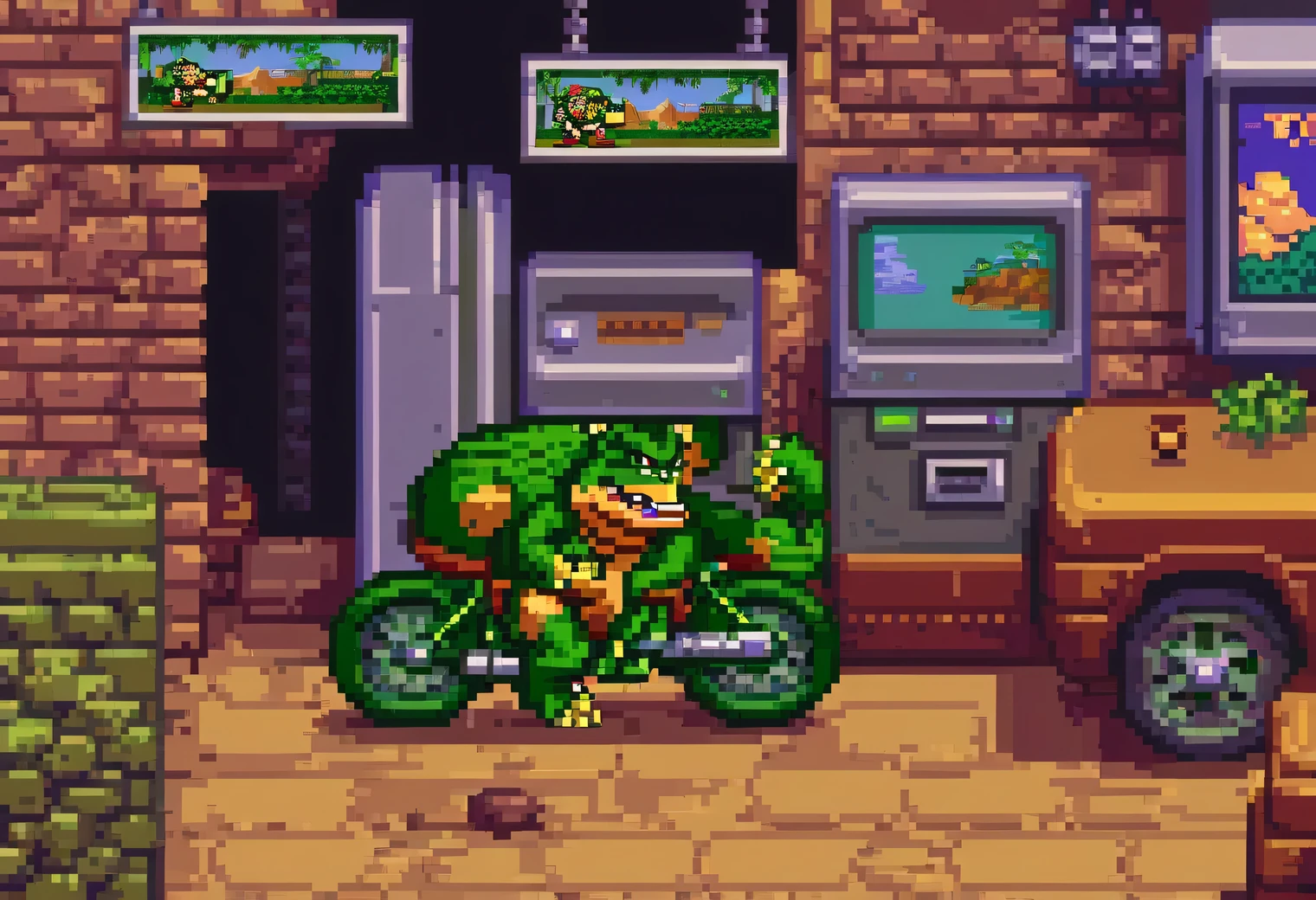 A game scene from the retro game Battletoads & Double Dragon: The Ultimate Team, pixel art, 16 bit, 16 bit color palette, Sega Mega Drive