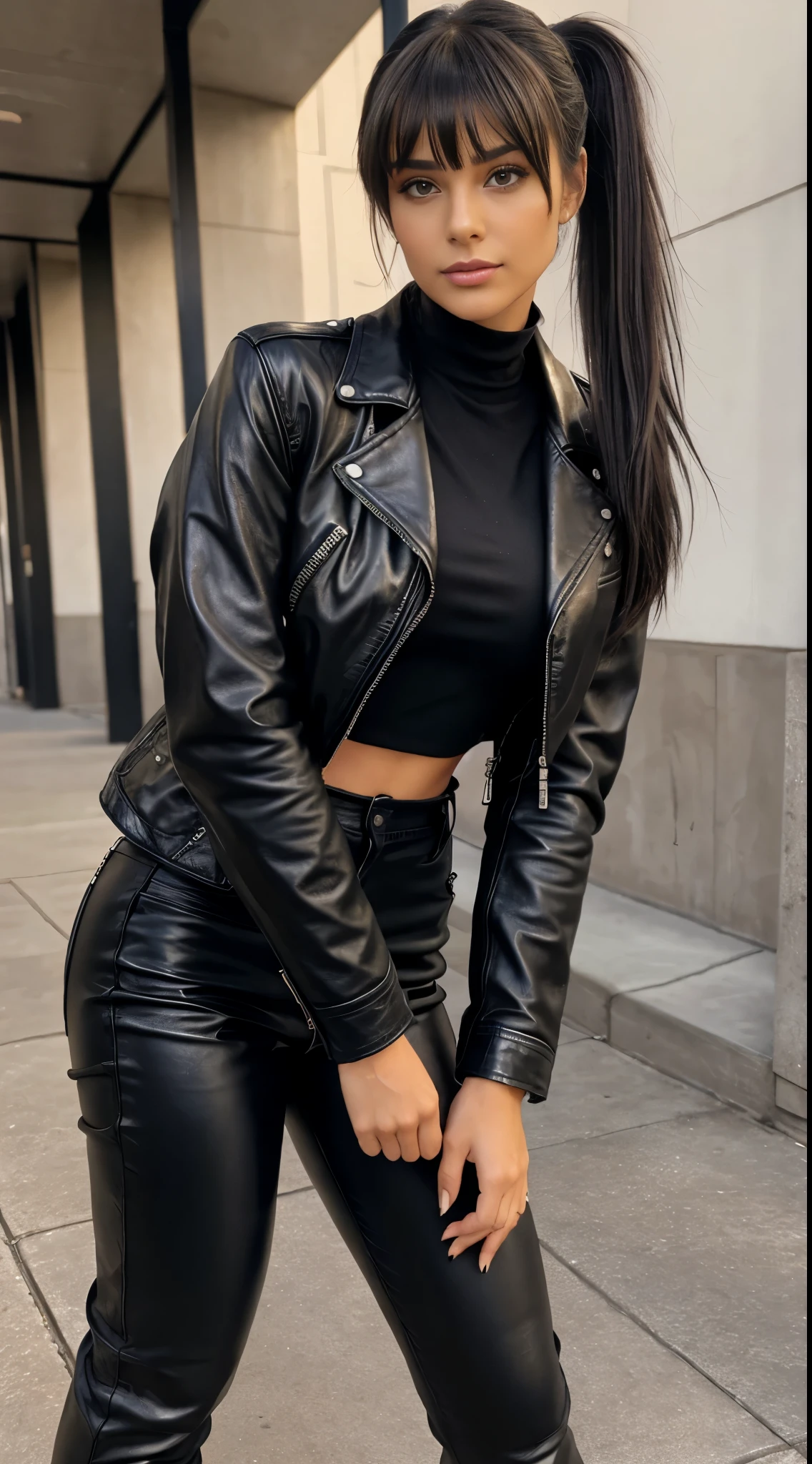 Realism, a 25 - year - old girl, dark hair, a ponytail on her head, bangs falling, face, beautiful hairstyle, light makeup, dressed in a leather jacket, dressed in leather pant, beautiful shoes --ar 2:3 50 --style raw --s 2