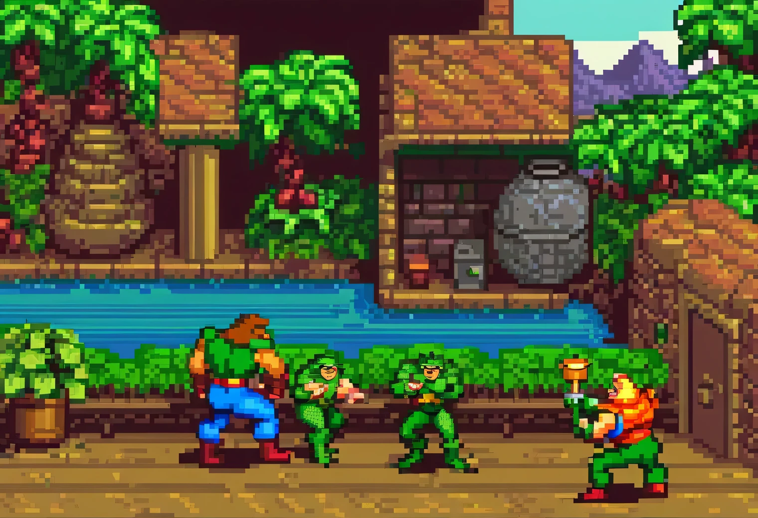 A game scene from the retro game Battletoads & Double Dragon: The Ultimate Team, pixel art, 16 bit, 16 bit color palette, Sega Mega Drive