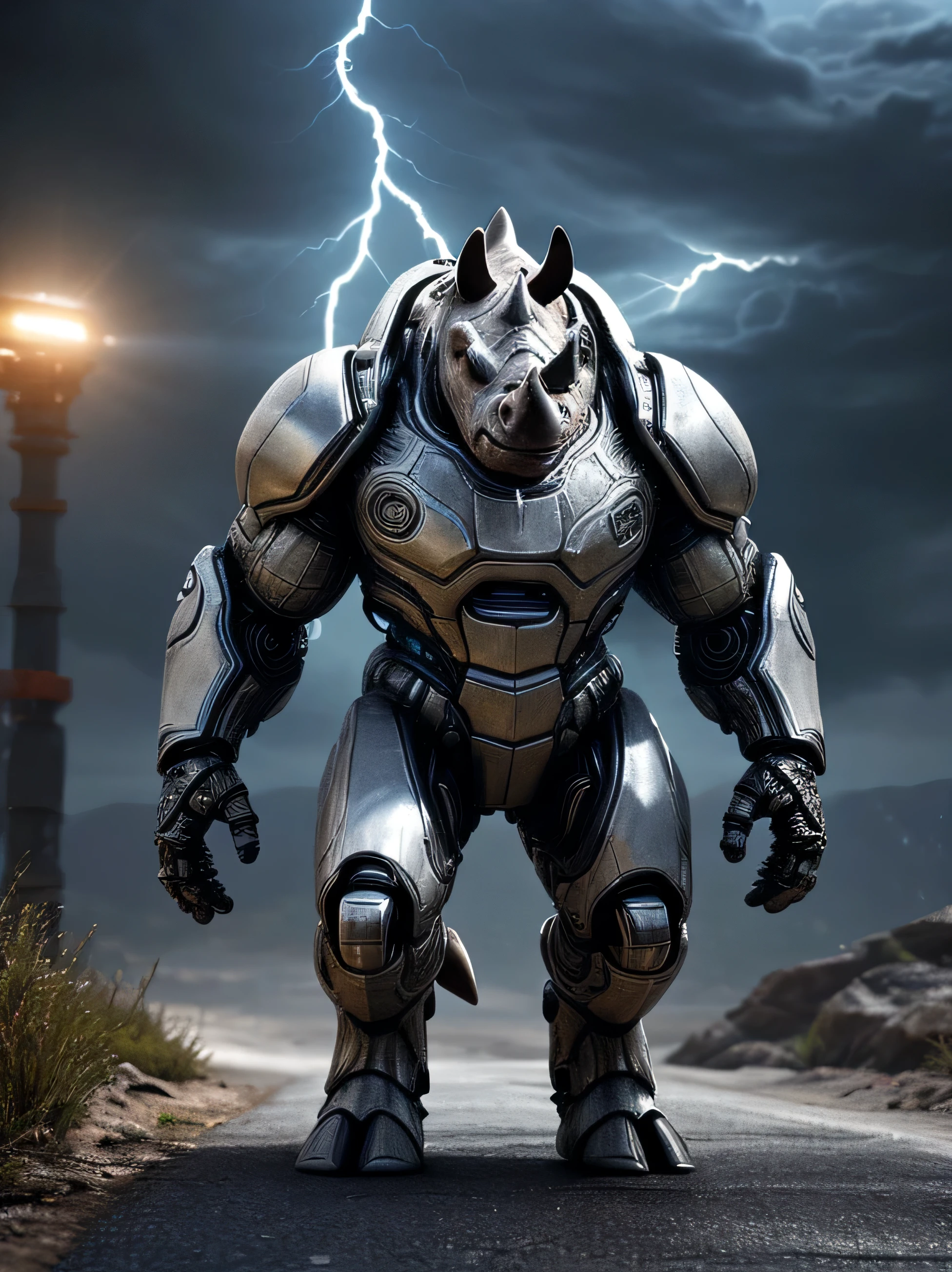 An advanced bionic mech, cybrog, anthro, (Rhino), cyborg, male, white body, silver torse, shiny, [full body], Muscle, detailed face, detailed eyes, (1 tail), (glowing LED:1.1), energy, digitigrade, outdoors, extremely detailed CG unity 8k wallpaper, realistic, masterpiece, highest quality, lens flare, unreal engine, trending on ArtStation, Intricate, High Detail, dramatic, realism, beautiful and detailed lighting, shadows, thunder, (photorealism, photo, real, realism), photorealistic, scifi