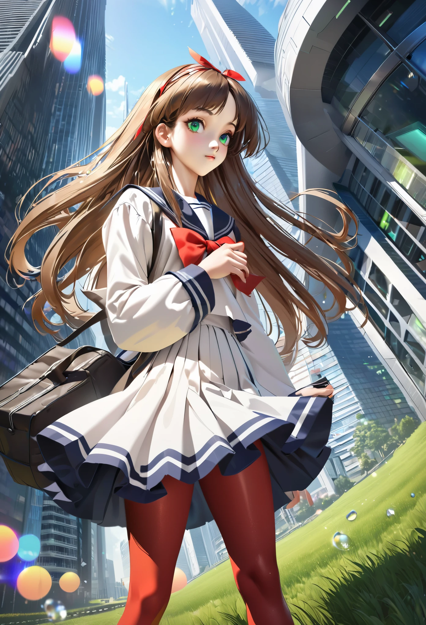 (best quality,4k,highres),ultra-detailed,realistic,portraits, Japaneese school girl, green eyes, long brown hair,anime style,futuristic, Frutiger Aero aesthetic, eco- modernism, bokeh, ribbon headband,small breast,futuristic sailor lolita dress,puffy sleeves,white and blue,colorful lighting, red ribbon, navy blue pantyhose, school shoes, school bag, school crest, floating bubbles, standing in a green field with futuristic skyscrapers in the background, tertiary colors, highly detailed, 4K.