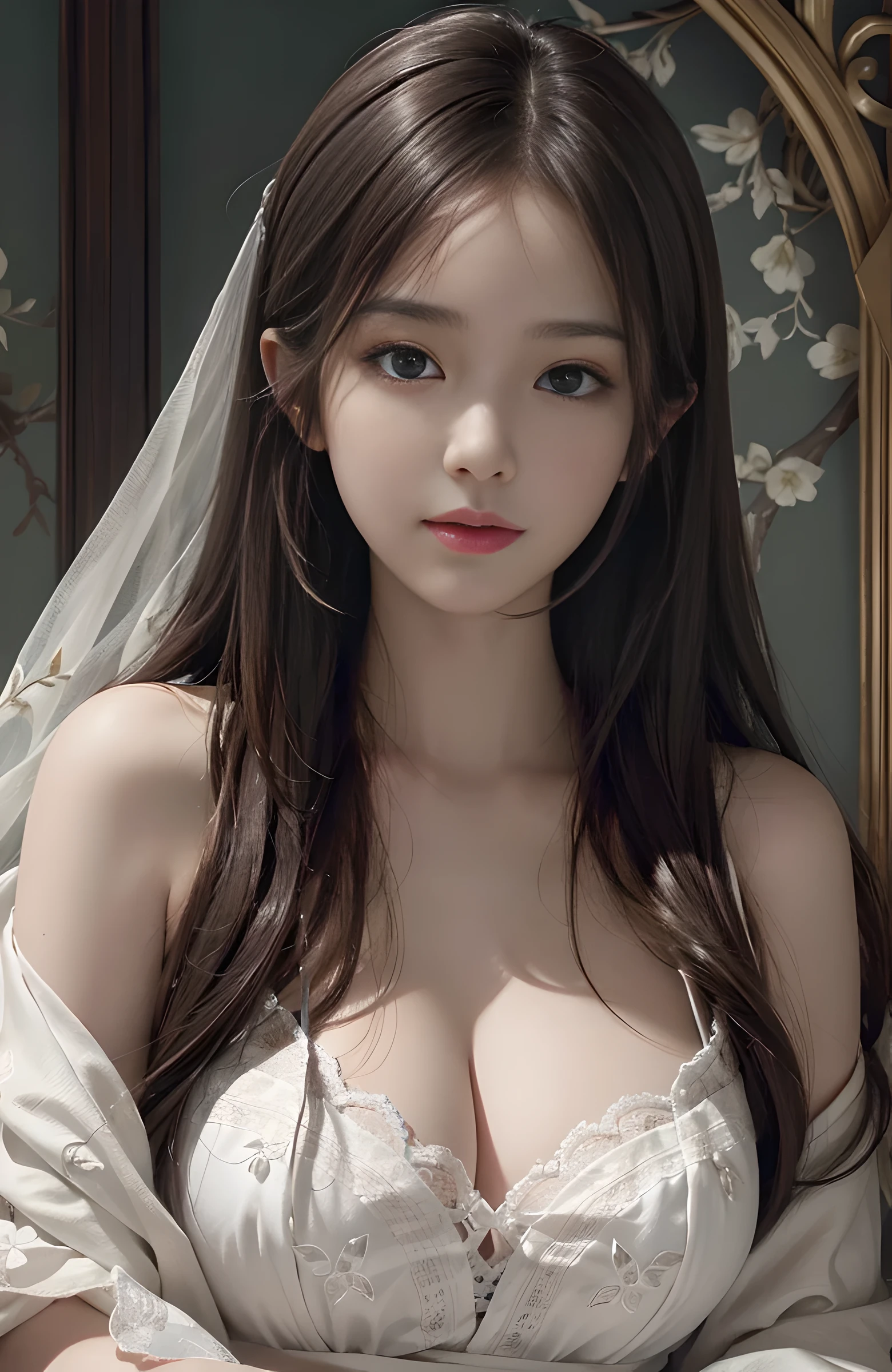 (Hyper-realistic) , (illustratio), (Increase the resolution), (8K), (extremely detaile), (Most Best Illustration), (Beautiful and delicate eyes), (best qualtiy), (ultra - detailed), (masterpiece), ( the wallpaper), (Detailed face), solo, looking at viewert, exquisite detailing, Detailed face, in the darkness nigth, deep shading, low tune,pureerosfaceace_V1, ssmile,long straight hair,White shawl, 46 points oblique bangs,plump breasts, sexy