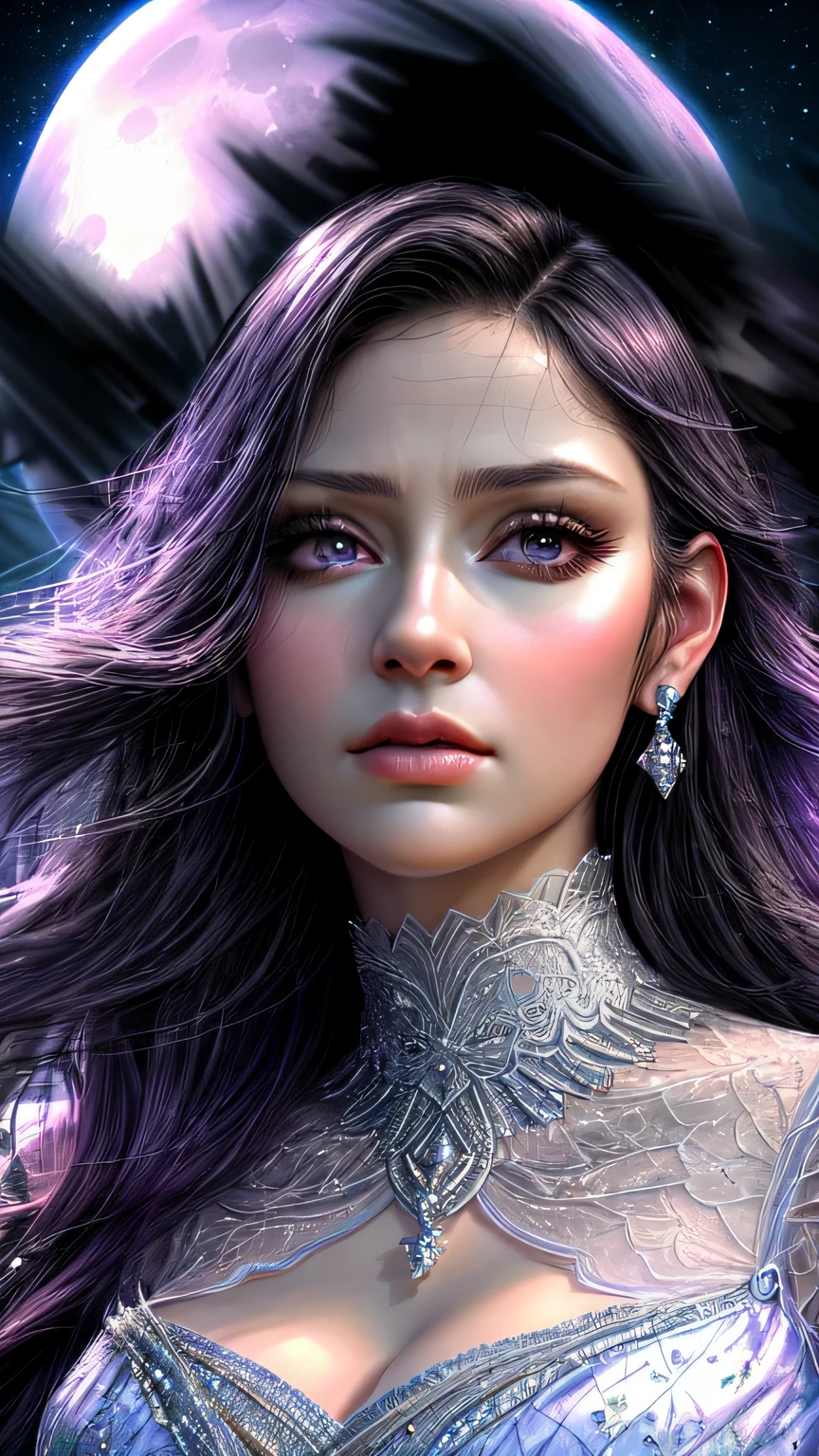 very beautiful princess black eyes, Portrait of a 35 year old mature woman, serious expression, Super realistic, Super detailed, Dynamic facial expressions, big natural breasts, pastel purple dress, Dense and beautiful black eyes, beautiful detailed lips, highly detailed eyes and face, long eyelashes, detailed face, masterpiece, 最high quality, high quality, High resolution, (moonlit night background), Here&#39;s your point of view、
