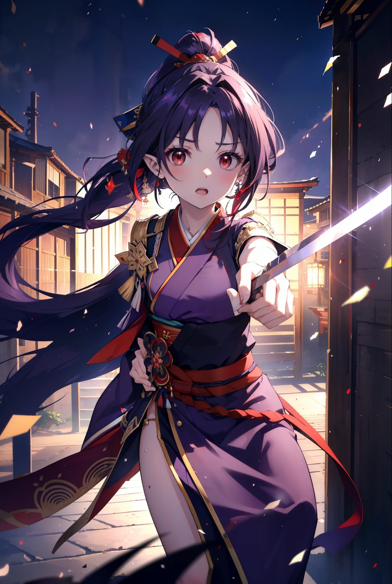 yuukikonno, Yuki Konno, hair band, long hair, pointy ears,ponytail, purple hair, (red eyes:1.5), (small breasts:1.2), open your mouth,purple kimono,red hakama,boots,Japan sword 1:1 Hold the grip in your hand,
break looking at viewer, Upper body, whole body,
break outdoors, medieval europe cityscape,
break (masterpiece:1.2), highest quality, High resolution, unity 8k wallpaper, (shape:0.8), (thin and beautiful eyes:1.6), highly detailed face, perfect lighting, Very detailed CG, (perfect hands, perfect anatomy),