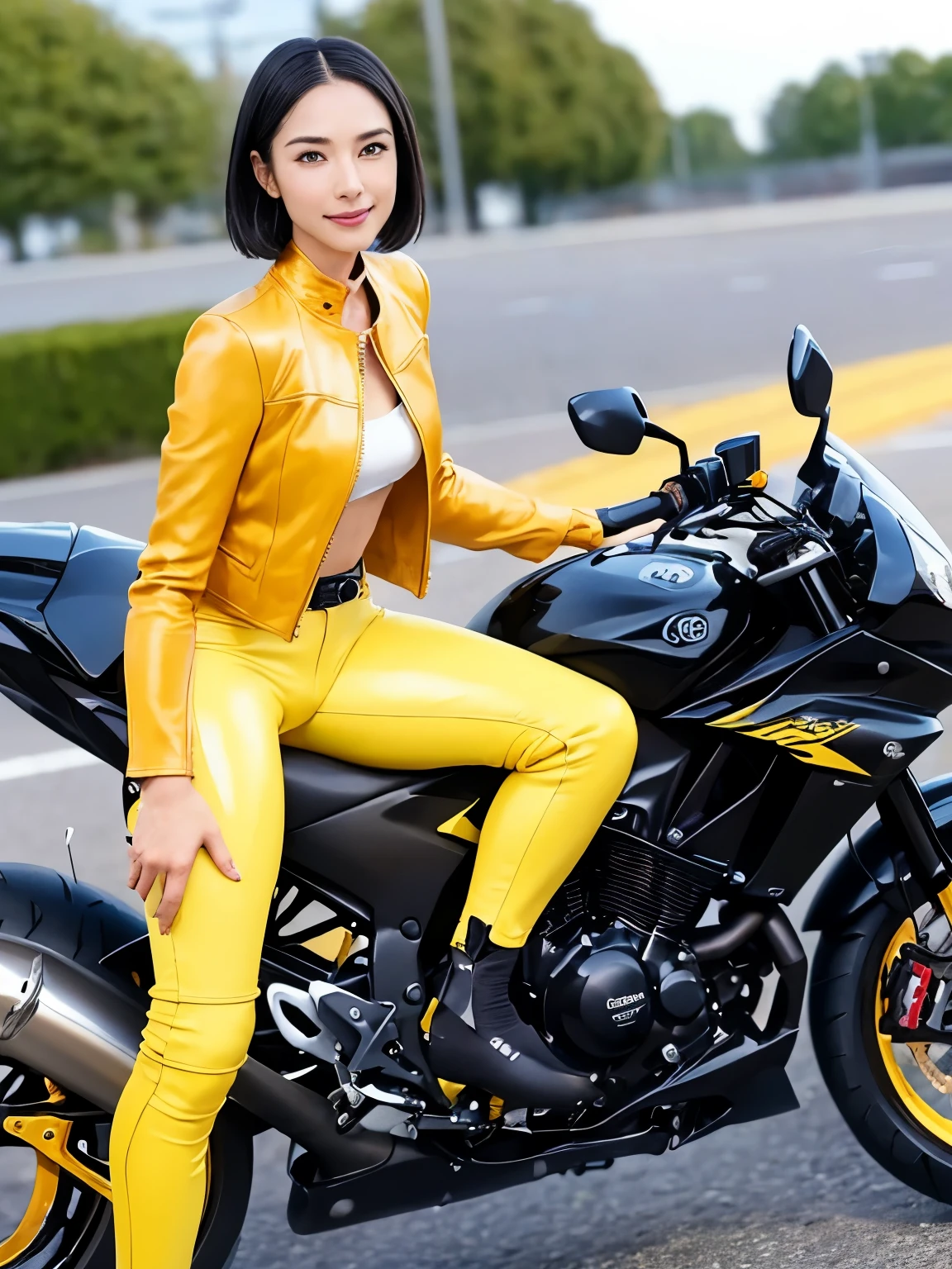 ((best quality)), ((masterpiece)), ((perfect face))、((detailed motorcycle))、Detailed and clear photos、((riding a motorcycle))、slender body、long legs、full body shot、smile、(((Yellow long sleeve riding jacket and leather pants)))、(short hair)
