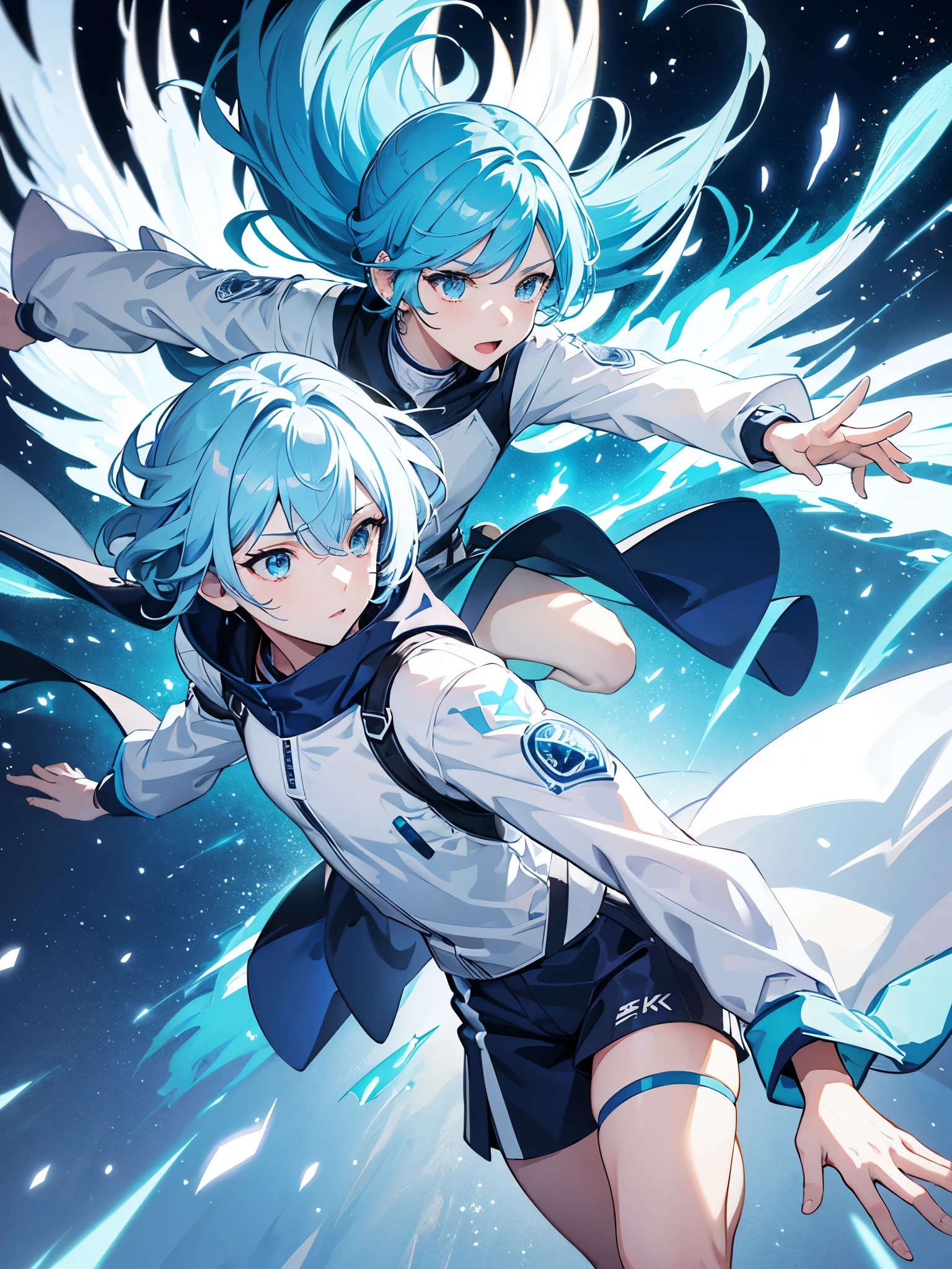 (Highly detailed 8K wallpaper), full shot of an anime boy, particle lighting, high detail, white and blue running outfit, running in a city, light blue hair, with blue phoenix, fighting a girl with white and light blue fighting outfit