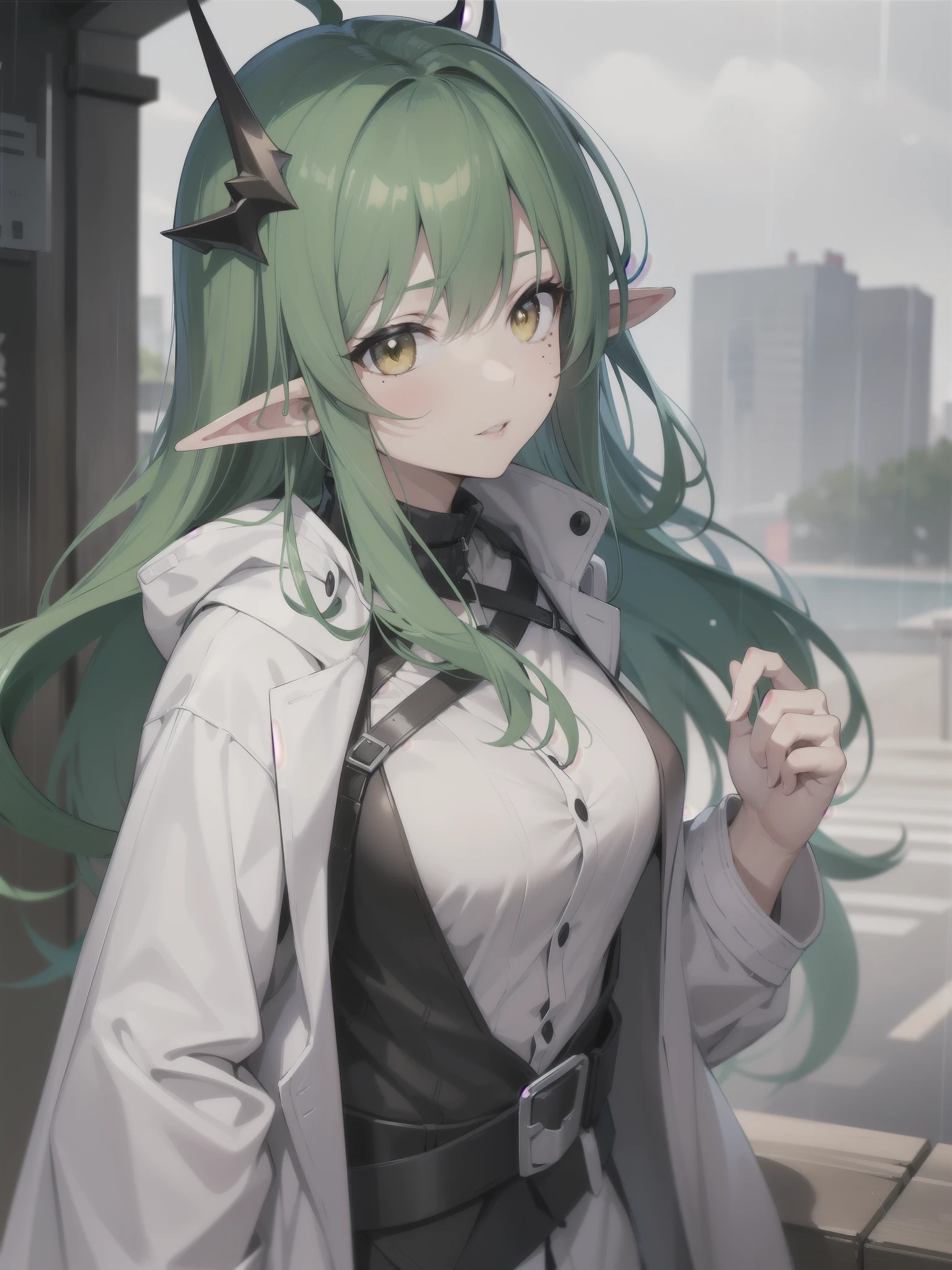 masterpiece:1.2, high quality, best quality, absurdres,rsef,sidelocks,coat,parted lips,rain,highres,white coat,mole under eye,muelsyse \(arknights\),looking up,open coat,1girl,solo,mole,arknights,lab coat,green hair,yellow eyes,pointy ears,long hair,elf,upper body,laurel crown,open clothes