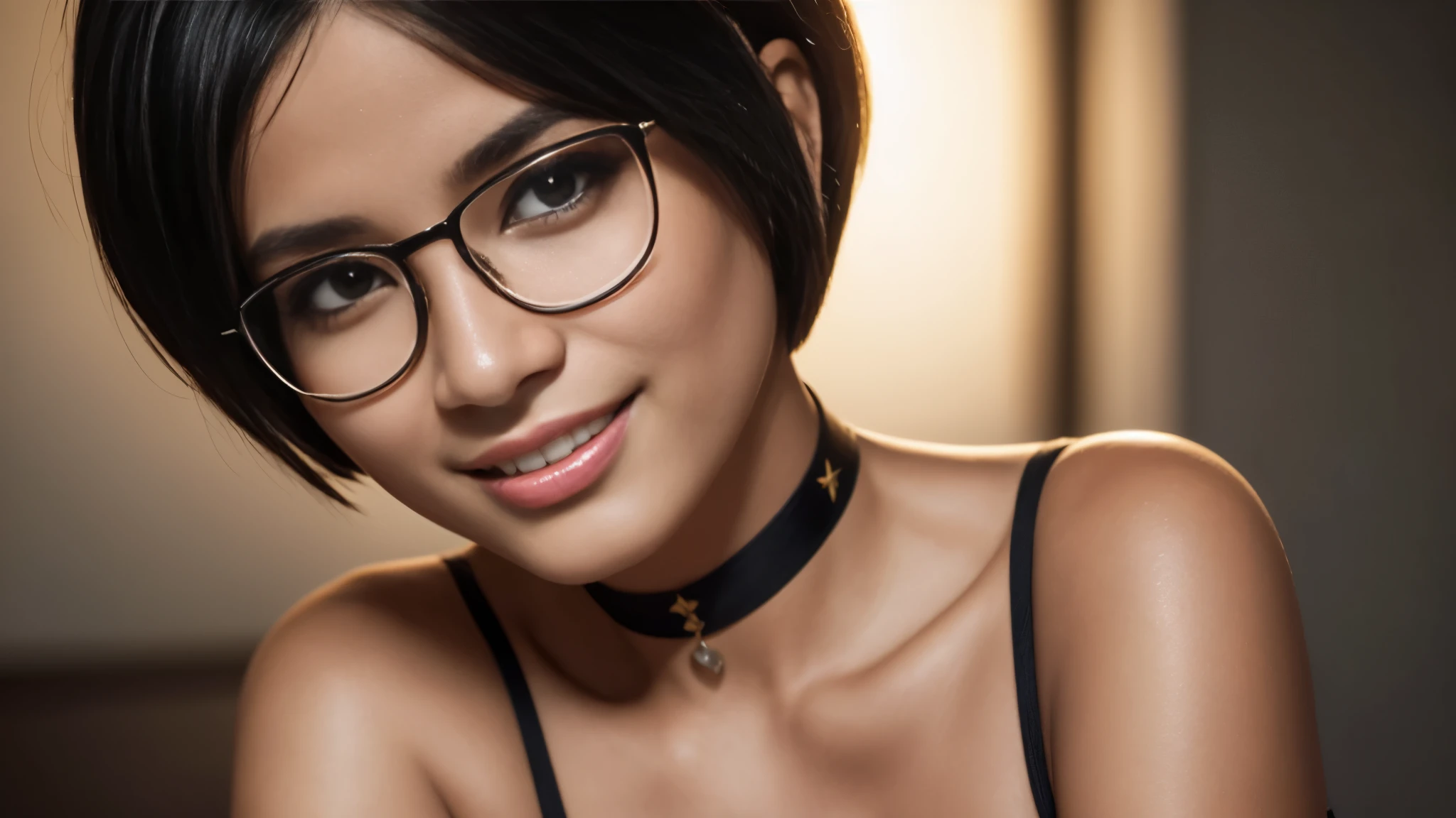 Isabela Merced, portrait photo, close-up of face, bob_cut hair,sexy glasses, choker, smiling seductively, (skin texture:1.1), (high detail face:1.1),high detail body, high detail clotheasterpiece), (realistic), ultra high definition, 4k, ultra high resolution, cinematic lighting, rim lighting, photo by Arny Freytag, RAW image