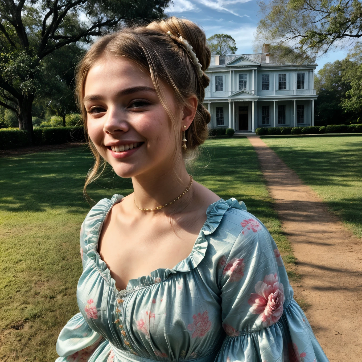 (best quality, 10k, high-resolution, masterpiece:1.2), ultra-high detailed, (photo-realistic:1.37), ((best quality)), ((masterpiece)), (hyper-detailed face), ((25-year-old Chloe Grace Moretz the daughter of a plantation owner from Georgia in the southern states in 1862)), ((Hair tied up in the style of a young Victorian lady)), wide smile with cute dimples and smile lines)),  including cute dimples, full body, ((dressed in a lavish gown cotton gown with a ping floral print against a light sky-blue background)), ((standing in the grounds of an American plantation)), ((Grand antebellum mansion in the background)), no deformed bodies or hands, perfect brilliant white teeth, cameo choker around her neck, brilliant sunlight shining down on super shiny high gloss oiled skin,