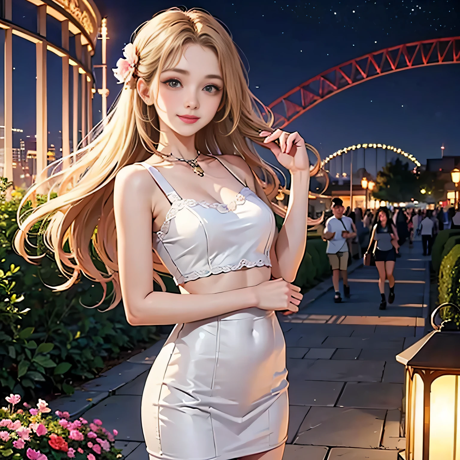 1lady solo, /(stylish outfit/), mature female, blonde, blush joyfully smile, (masterpiece best quality:1.2) delicate illustration ultra-detailed, BREAK (theme park:1.1), (night-time illuminations:1.2) flower garden, attractions, (((detailed)))