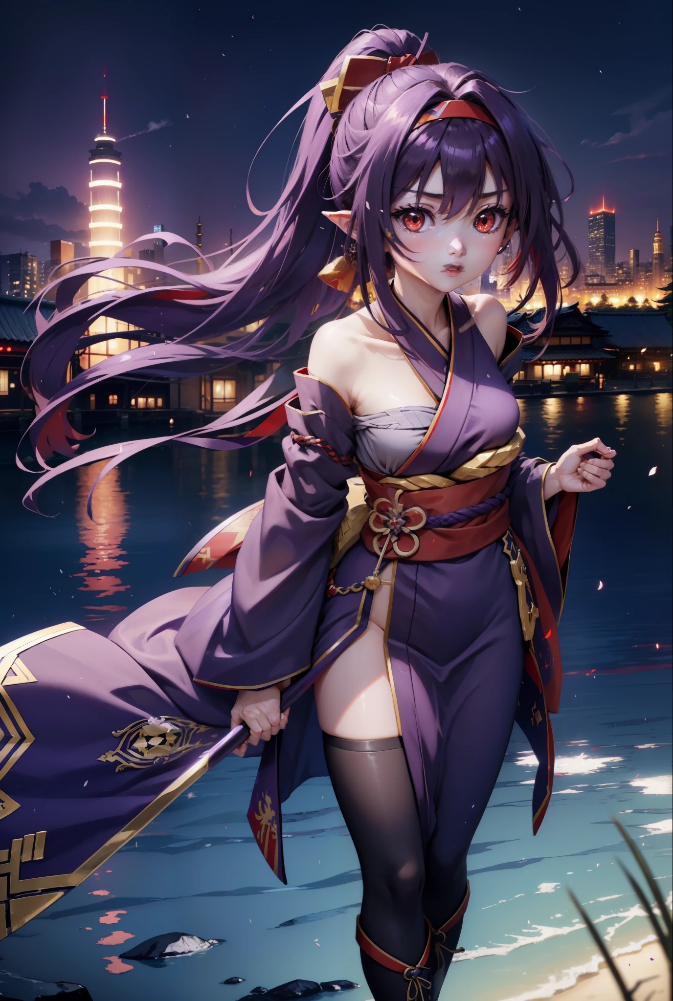 yuukikonno, Yuki Konno, hair band, long hair, pointy ears,ponytail, purple hair, (red eyes:1.5), (small breasts:1.2), open your mouth,purple kimono,red hakama,boots,Japan sword 1:1 Hold the grip in your hand,
break looking at viewer, Upper body, whole body,
break outdoors, medieval europe cityscape,
break (masterpiece:1.2), highest quality, High resolution, unity 8k wallpaper, (shape:0.8), (thin and beautiful eyes:1.6), highly detailed face, perfect lighting, Very detailed CG, (perfect hands, perfect anatomy),