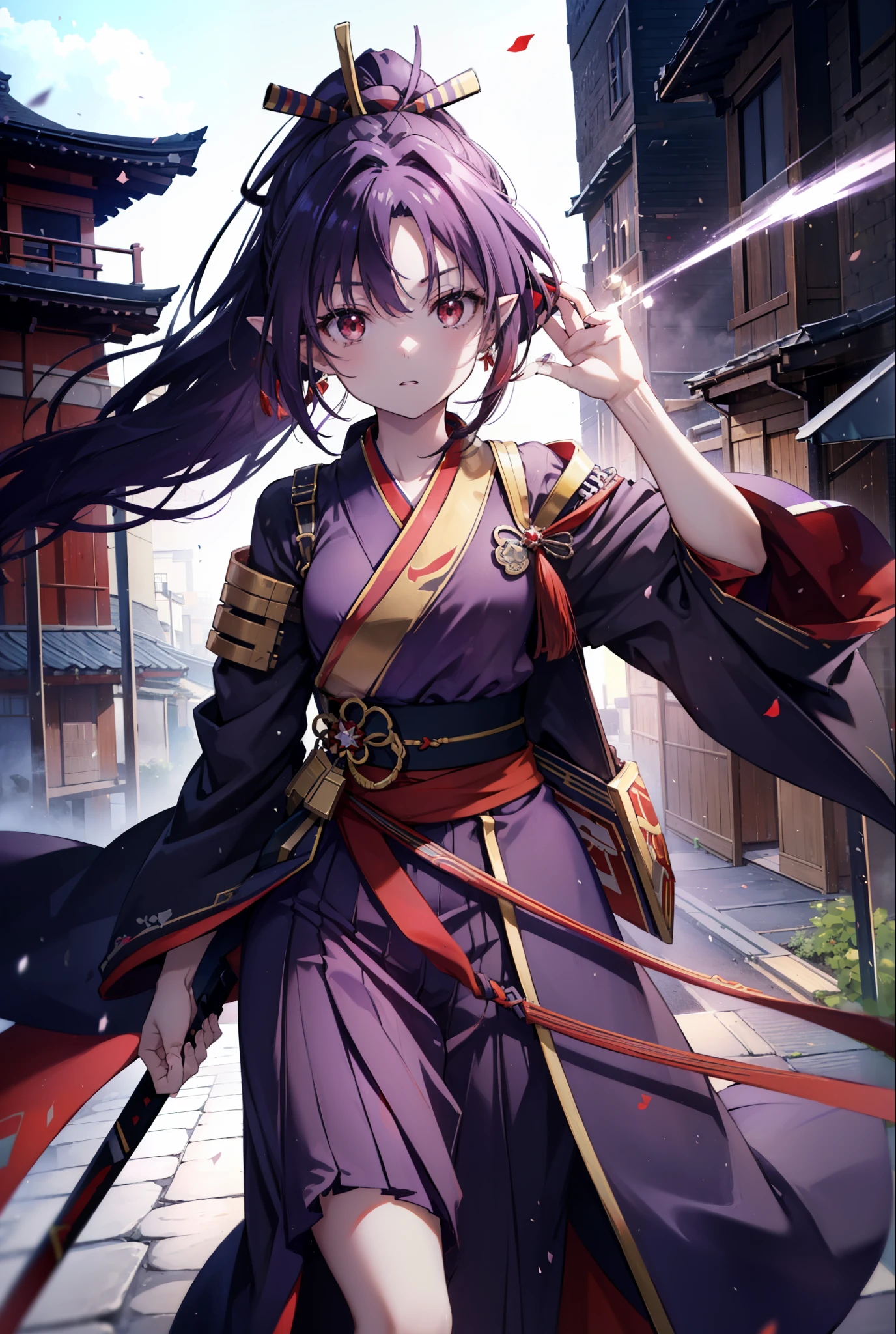 yuukikonno, Yuki Konno, hair band, long hair, pointy ears,ponytail, purple hair, (red eyes:1.5), (small breasts:1.2), open your mouth,purple kimono,red hakama,boots,Japan sword 1:1 Hold the grip in your hand,
break looking at viewer, Upper body, whole body,
break outdoors, medieval europe cityscape,
break (masterpiece:1.2), highest quality, High resolution, unity 8k wallpaper, (shape:0.8), (thin and beautiful eyes:1.6), highly detailed face, perfect lighting, Very detailed CG, (perfect hands, perfect anatomy),