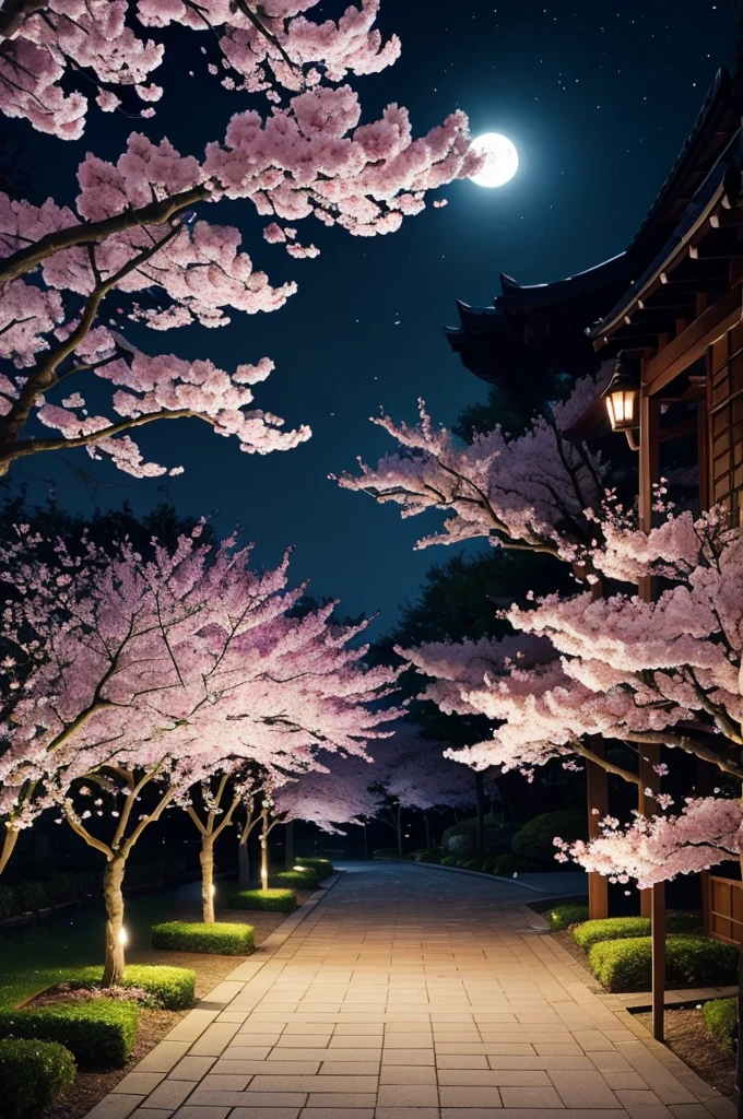highest quality、Cherry blossoms at night、Cherry tree in full bloom、full moon、petal、light up、beautiful、fantasy