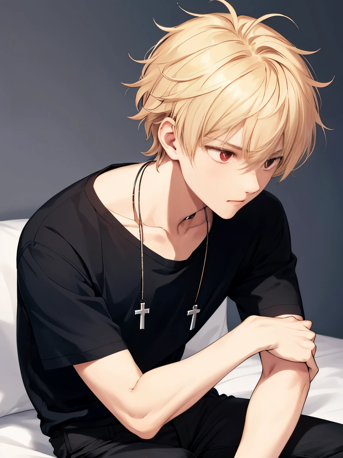 1 boy,solo,20 years old,Sitting,sad expression, looking away,looking away,close up photo,cross necklace,handsome,messy hair,Perfect face, detailed face, short hair, blonde hair,black t-shirt,short sleeve t-shirt,black trousers, Long pants,red eyes,bright red eyes, vampire