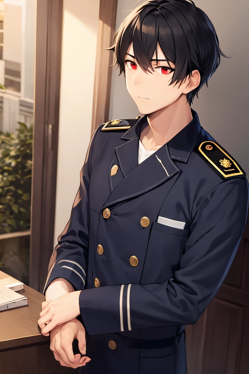 adult man, black hair, red eyes, navy admiral outfit