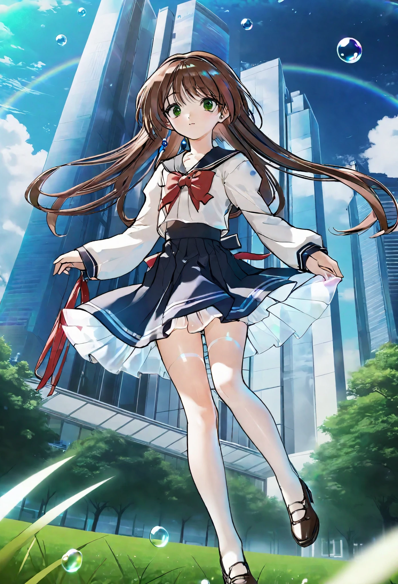 (best quality,4k,highres),ultra-detailed,realistic,portraits, Japaneese school girl, green eyes, long brown hair,anime style,futuristic, Frutiger Aero aesthetic, eco- modernism, bokeh, ribbon headband,small breast,futuristic sailor lolita dress,puffy sleeves,white and blue,colorful lighting, red ribbon, navy blue pantyhose, school shoes, school bag, school crest, floating bubbles, standing in a green field with futuristic skyscrapers in the background, tertiary colors, highly detailed, 4K.