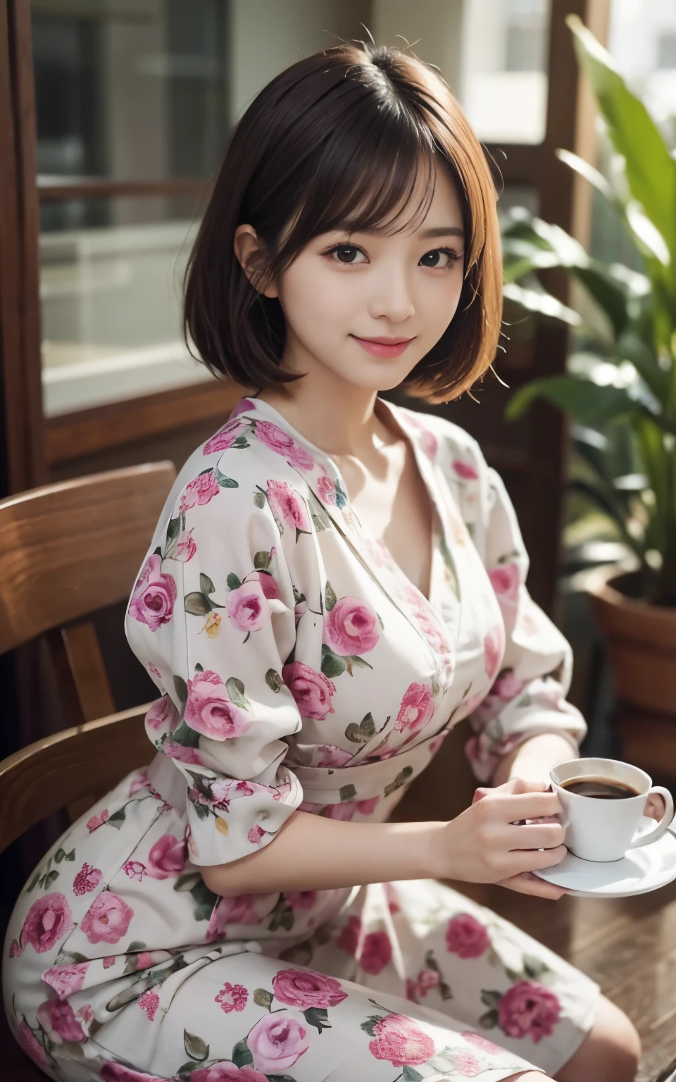 Cute Japanese 21 years old、drink coffee at a cafe、nice cafe、face is very thin、pay attention to detail、double eyelid、beautiful thin nose、sharp focus: 1.2、Beautiful woman: 1.4、(light brown hair、short hair、 )、pure white skin、highest quality、masterpiece、超High resolution、(Photoreal:1.4)、High resolution、professional lighting、nice smile、Show your whole body、lovely floral dress、Arafe woman sitting at a table with a plate of food and coffee、cute young woman、gorgeous young korean woman、cute young woman、cute - detailed - face、girl portrait、young and cute girl、Young Asian woman、young asian girl