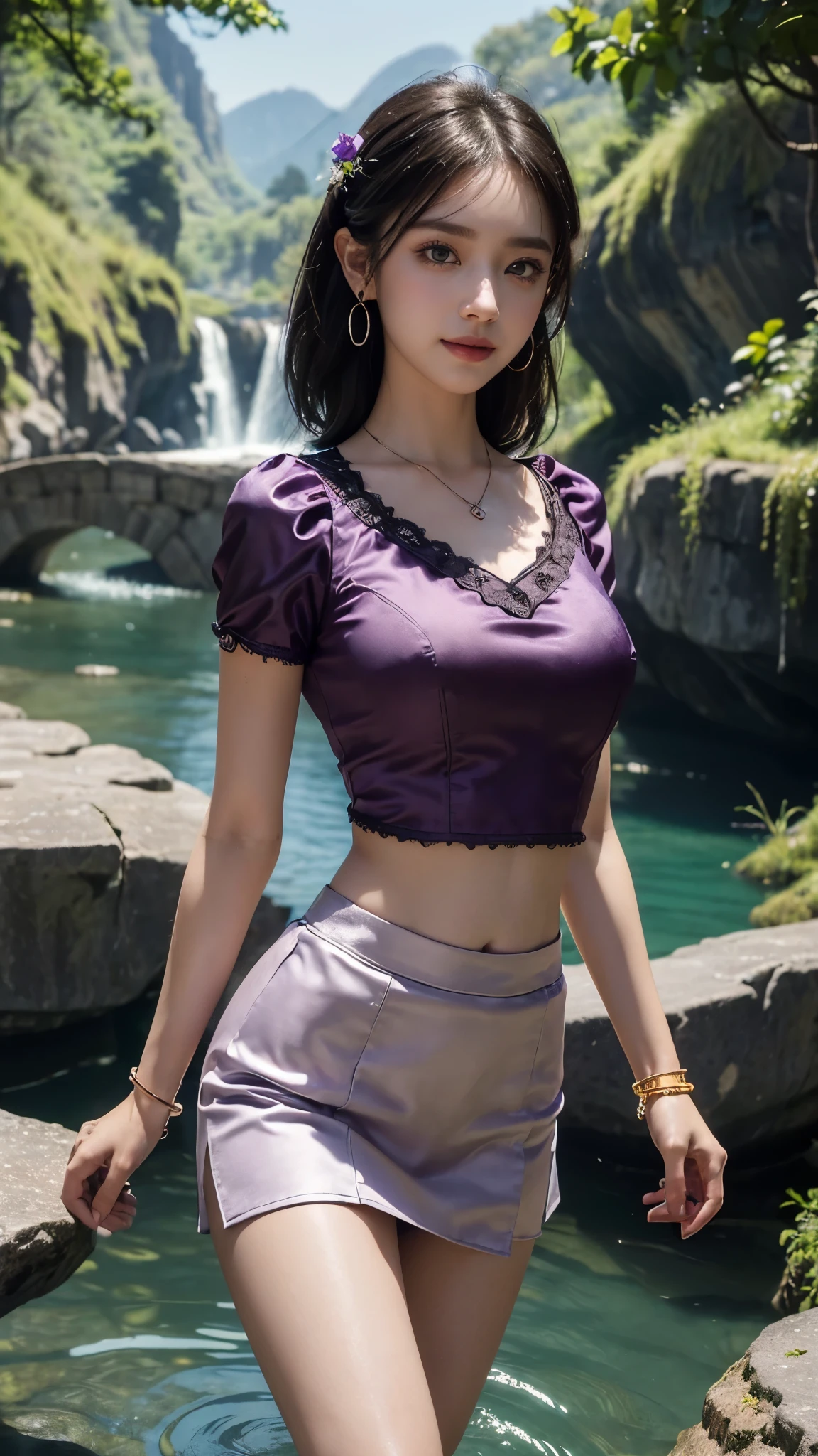 8k, masterpiece, RAW photo, best quality, photorealistic, extremely detailed CG unity 8k wallpaper, Depth of field, Cinematic Light, Lens Flare, Ray tracing, (extremely beautiful face, beautiful lips, beautiful eyes), intricate detail face, ((ultra detailed skin)) , in the dark, deep shadow, pretty Asian girl, idol, 1 girl, (very slim slender fit-muscled body:1.3), ((looking at viewer)),((big smile:1.3)), (tight Matty silky satin Violet colour laced blouse), 1 Beautiful girl, (Detailed face,beautiful eyes, beautiful earrings, bracelets, necklace, pantyhose, clear eyes, (pale skin), (big eyes), face forward, ((upper body shot)), ((Matty silky satin Violet color above knee length skirt)), (Black hairs),((Matty satin silky Violet laced skirt)),(detailed pupils,detailed clothes features, Clear background:1.3), (armlets, bangle:1.3), Mysterious ancient ruins, floresta exuberant, Deep canyon,((bridge)), River,cliff,Cloud,lakes,Rock music,Waterfalls, ((walking in Water)), ((Rose flower plants besides of river water)), Grass,grape trees,tree,bright detail,Sharp,Perfect compounding, Intricate, Sharp focus, Dramatic,(very slim), Breast, super round big breasts under the dress, ((flooming laced)), updo hair, mini skirt, short hair, short skirt, 4 Different types poses, Cinematic photography, Sexy angles, medium butt,