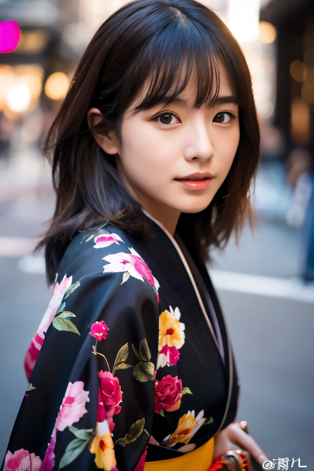 Beautiful Japanese supermodel woman, A lock of hair with slight highlights, black eyes, Sexy,street background,Gorgeous kimono , Liquid color flows across her face, Shooting against the light,Perfect facial lighting,mixed media