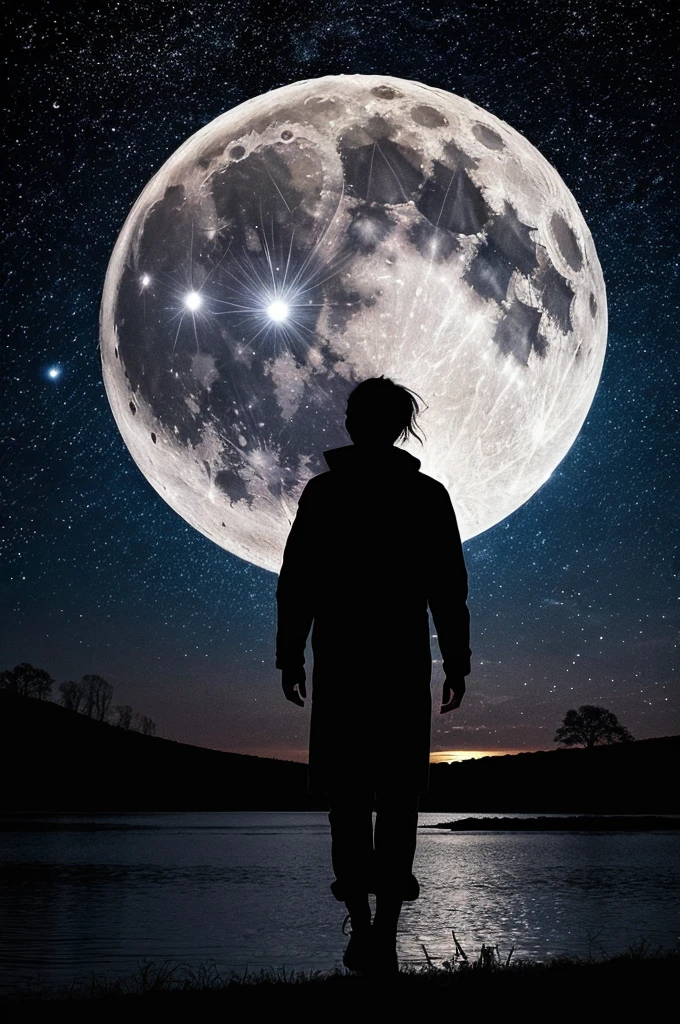 highest quality,big moon and shadow,A silhouette of a person can be seen against the background of the big moon.,There is one full moon,There is a mood,beautiful scenery,starry sky