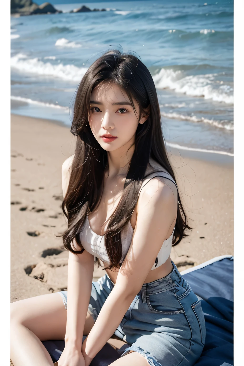 21 year old girl, Arafad woman with long gray hair sitting on the beach, Portraits of Korean female idols, 