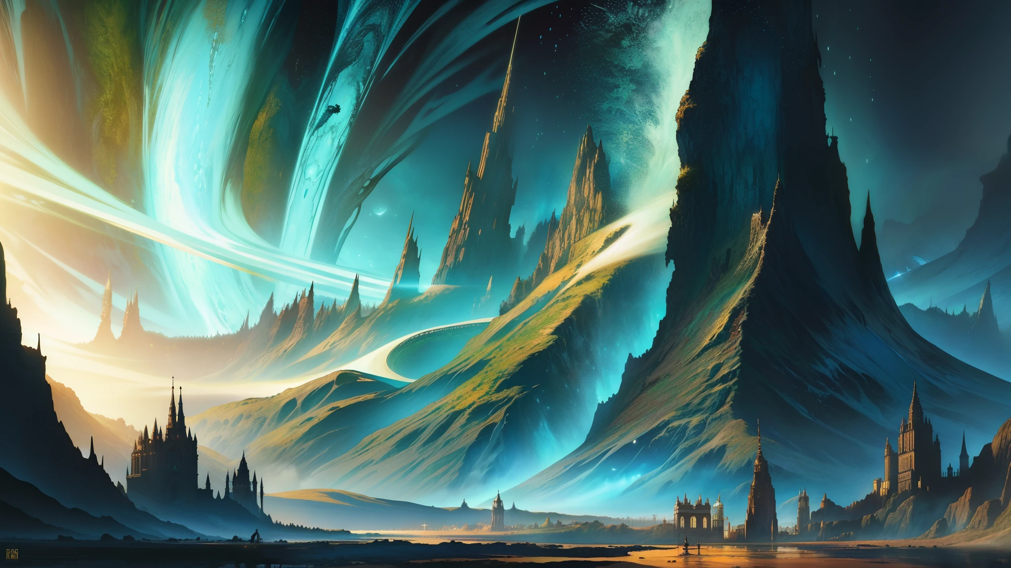 famous artwork(johan christian dahl:1.5) and (maurice sapiro:1.2) by、Vintage science fiction style image of a fantastic and exotic alien planet。Characterized by vivid scenery、(strange plants and animals:1.4) teeth、Focuses on complex and detailed landscapes of otherworldly worlds。 、bioluminescence、rich colors、wonderful、like another world、Bold line、complex pattern、Super detailed