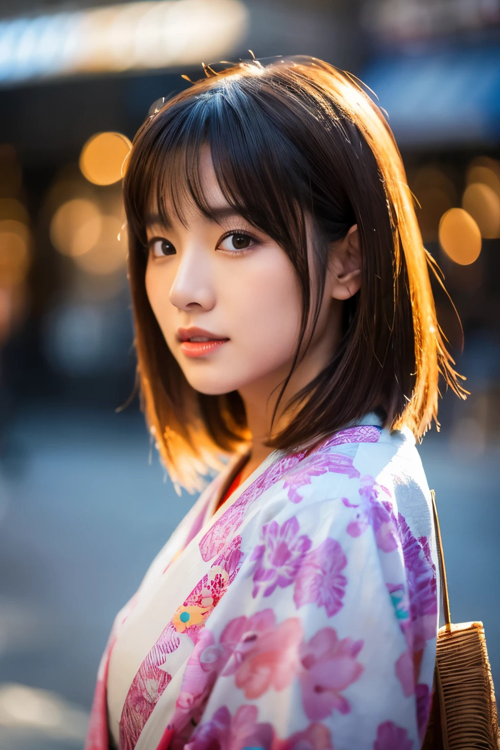 Beautiful Japanese supermodel woman, A lock of hair with slight highlights, black eyes, Sexy，street background，Gorgeous kimono , Liquid color flows across her face, Shooting against the light，Perfect facial lighting，mixed media