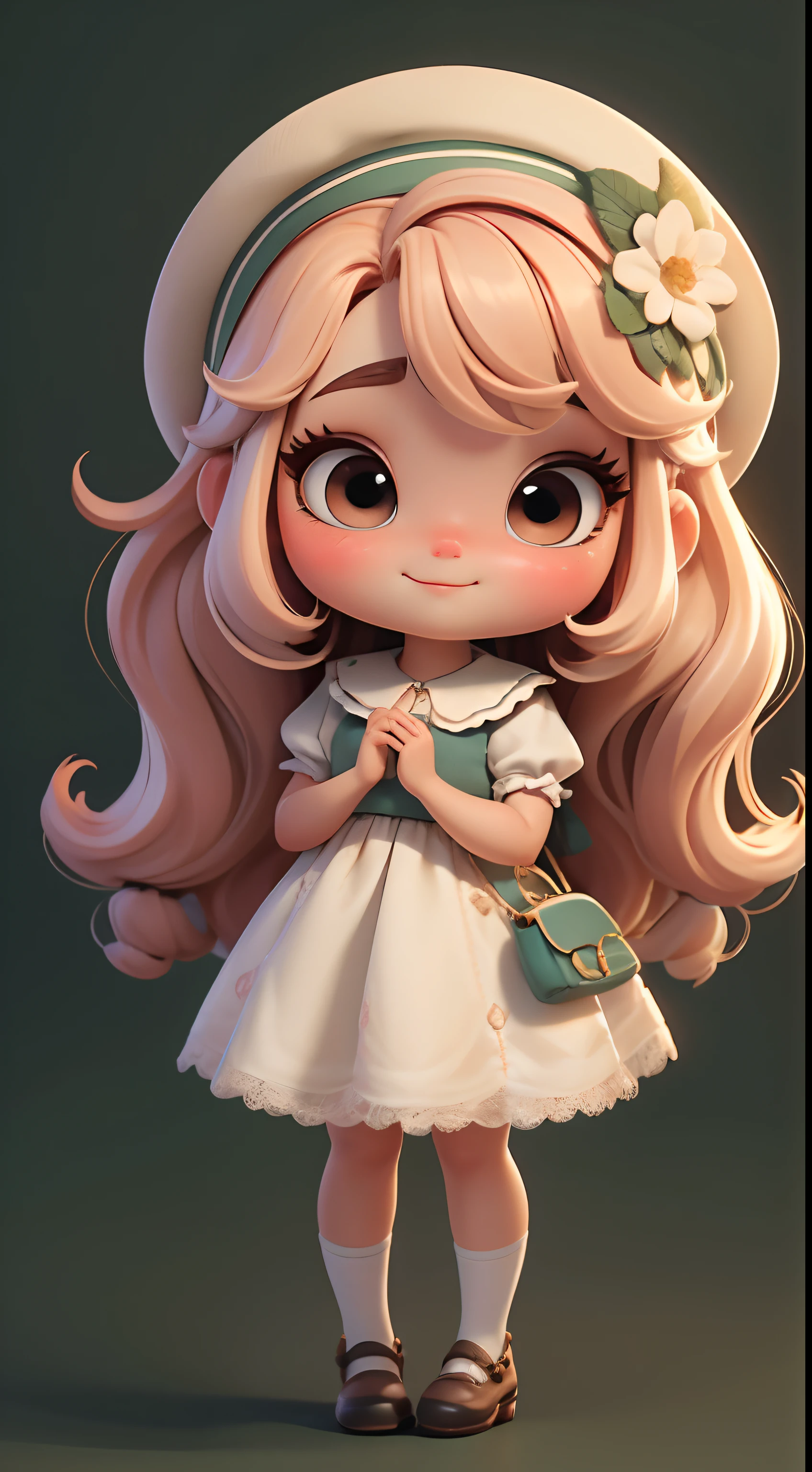 Create a series of cute  chibi style  dolls with a cute forest theme, sorridente e fofa, each with lots of detail and in an 8K resolution. All dolls should follow the same solid background pattern and be complete in the image, mostrando o (corpo inteiro, incluindo as pernas: 1.5)

Boneca fada: Chame-a de Bella. Ela deve ter cabelo longo e cacheado em tons terrosos claros e pastel. Seus olhos devem ser grandes e brilhantes, with long eyelashes and rosy cheeks. Bella deve estar vestida com um vestido delicado e longo, com avental estampado e saia longa rodada. She must wear a hat and no accessories in her hands, deixando elas sem nada. Don't forget the details, com detalhes coloridos e enfeites encantadores, sapato bonito

Certifique-se de adicionar sombras, texturas e detalhes nos cabelos, roupas, Cute accessories of each doll, to make them even more adorable and charming.