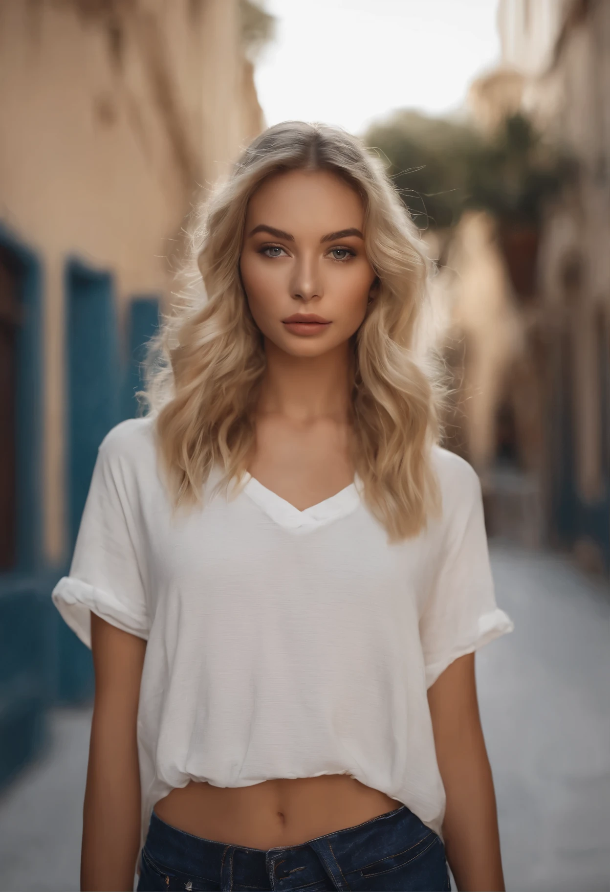 Oman with matching tank top and panties, fille sexy aux yeux bleus, Portrait de Sophie Mudd, Portrait de Corinna Kopf, blonde hair and Grand eyes, jeune femme, ohne Maquillage, maquillage naturel, visage avec artgram, maquillage subtil, Superbe photo du corps entier, Se promener en ville, Grand , blond, Latin, pygama