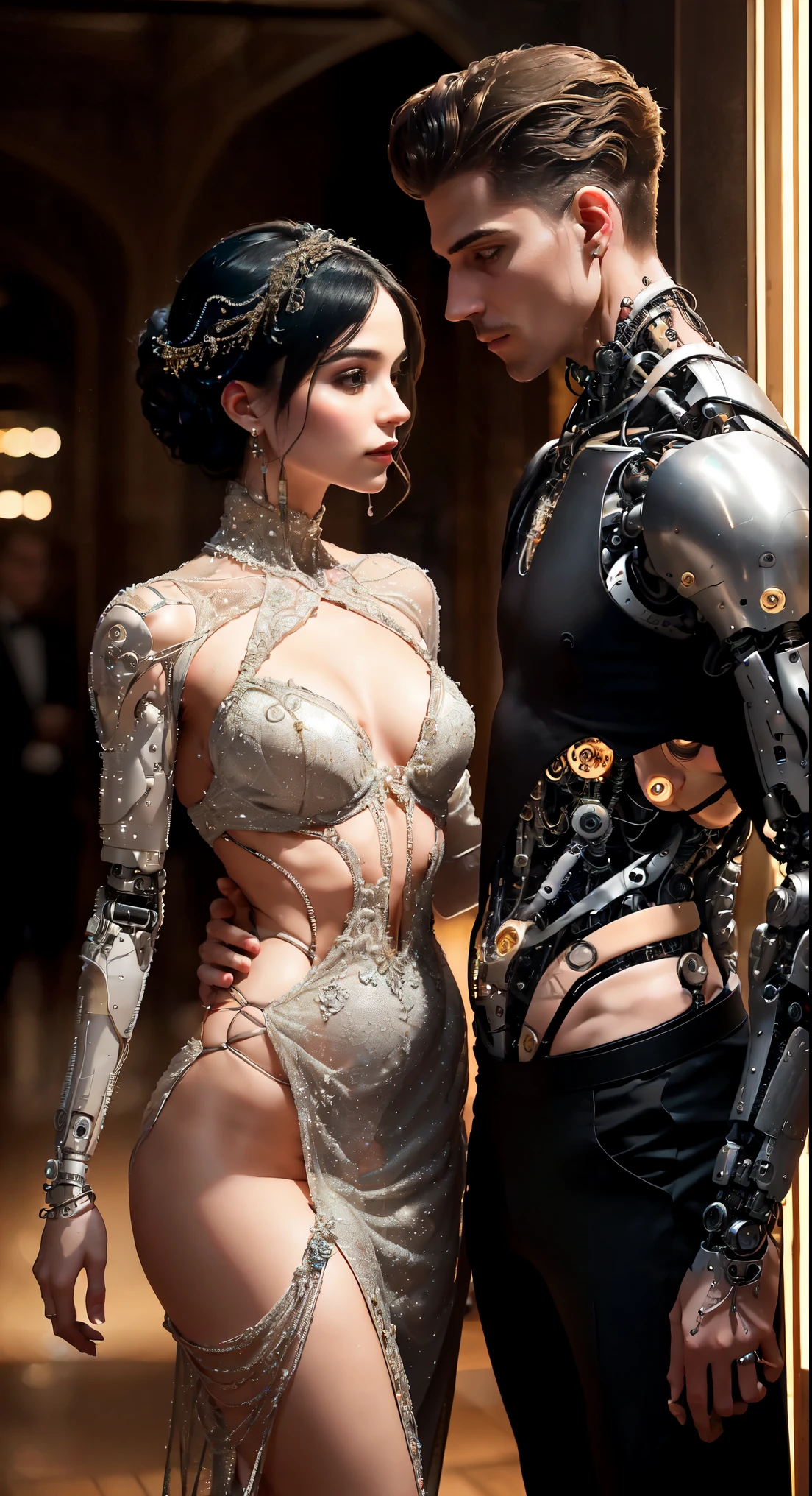 A charity event in an elite hall. Close-up, view slightly from above.
In the center of attention are elegant ladies in luxurious evening dresses, they are accompanied by respectable wealthy men in expensive suits. High hairstyles of ladies are decorated with shining accessories, creating a sense of festive atmosphere.
Among the guests one can notice several skillfully disguised cyborgs, whose mechanical parts are skillfully woven into their images, blending in with their surroundings. One of them, Alexander, lingers his gaze on a charming guest named Victoria, sensing something familiar about her.
A casual conversation ensues between Alexander and Victoria, in which their hidden past gradually reveals itself. Despite the elite setting, their interaction is filled with personal charm and hidden passion.
The overall atmosphere of the evening is festive and celebratory, filled with a sense of charity and the high status of the guests. However, the focus is on the secret relationship between two cyborgs whose bond goes beyond mere human interaction, best quality, high quality, absurdres, masterpiece, beautiful, intricate details, 1/2 body crop, slim body, beautiful figure, magnificent anatomy, (intricate details:1.12), HDR, (intricate details, hyper-detailing:1.15), (natural skin textures, hyper realisitc, soft light, Sharp:1.2)
