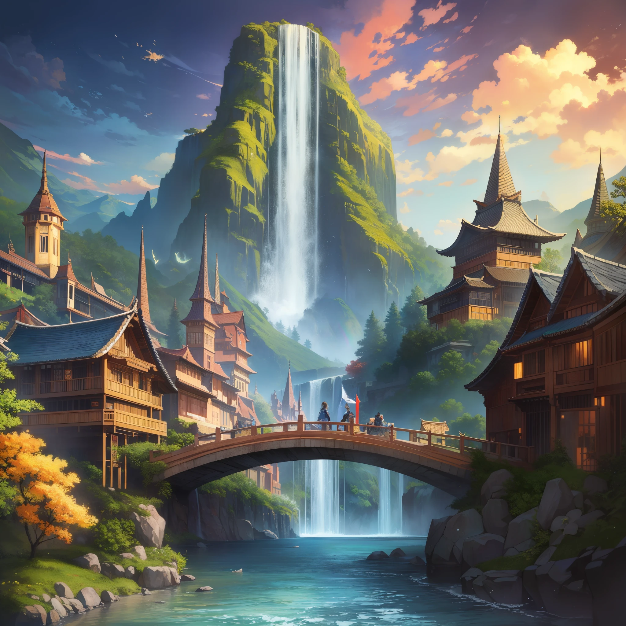 famous artwork(maurice sapiro:1.2) and (johan christian dahl:1.2) and (johan christian dahl:1.2) by、Beautiful ancient Chinese landscape with majestic and graceful azure dragons (night:1.3) watch over、the (Rainbow-colored scales sparkle) :1.2) (moonlight:0.8) In the scenery of、塔and桜の木がある霧のかかった山々、4 legs、perfect composition、epic and mythical、colorful and vibrant、Has super detailed features。