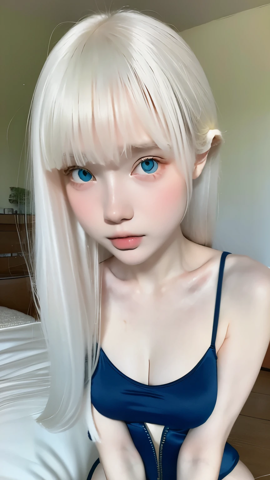 full body shot. a ultra real full body shot photo of 22 years old albino woman, green eyes. long white hair, mysterious and innocent look, small nose,plump lips、cute face、beautiful clavicle、 blue limbs, unbuttoned open coat, Background super close-up macro details, ultra contrast, very dark decoration. Intricate details of her beautiful eyes and perfect face. the most beautiful girl.