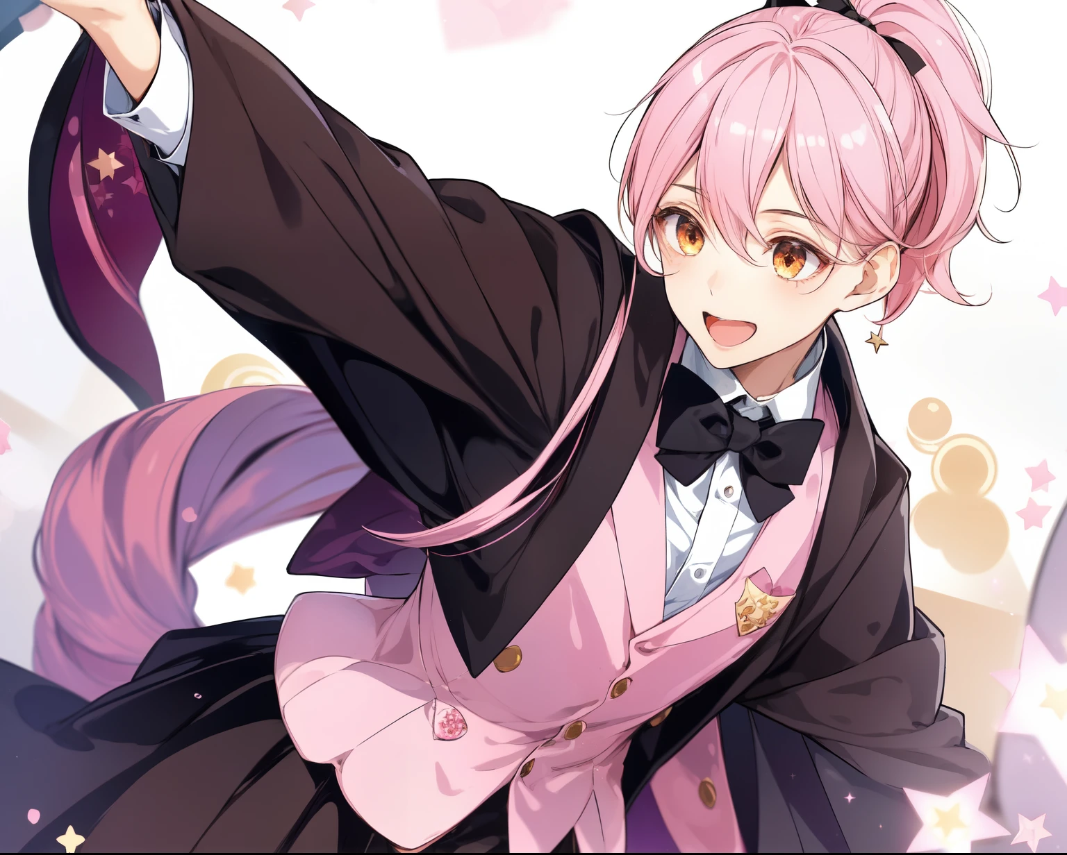 1 girl,bow tie,brown eyes,black cloak,头发bow tie,Vest,open mouth,pink hair,ponytail,skirt,Smile,Star(symbol),Star印花,Mika Sasaki