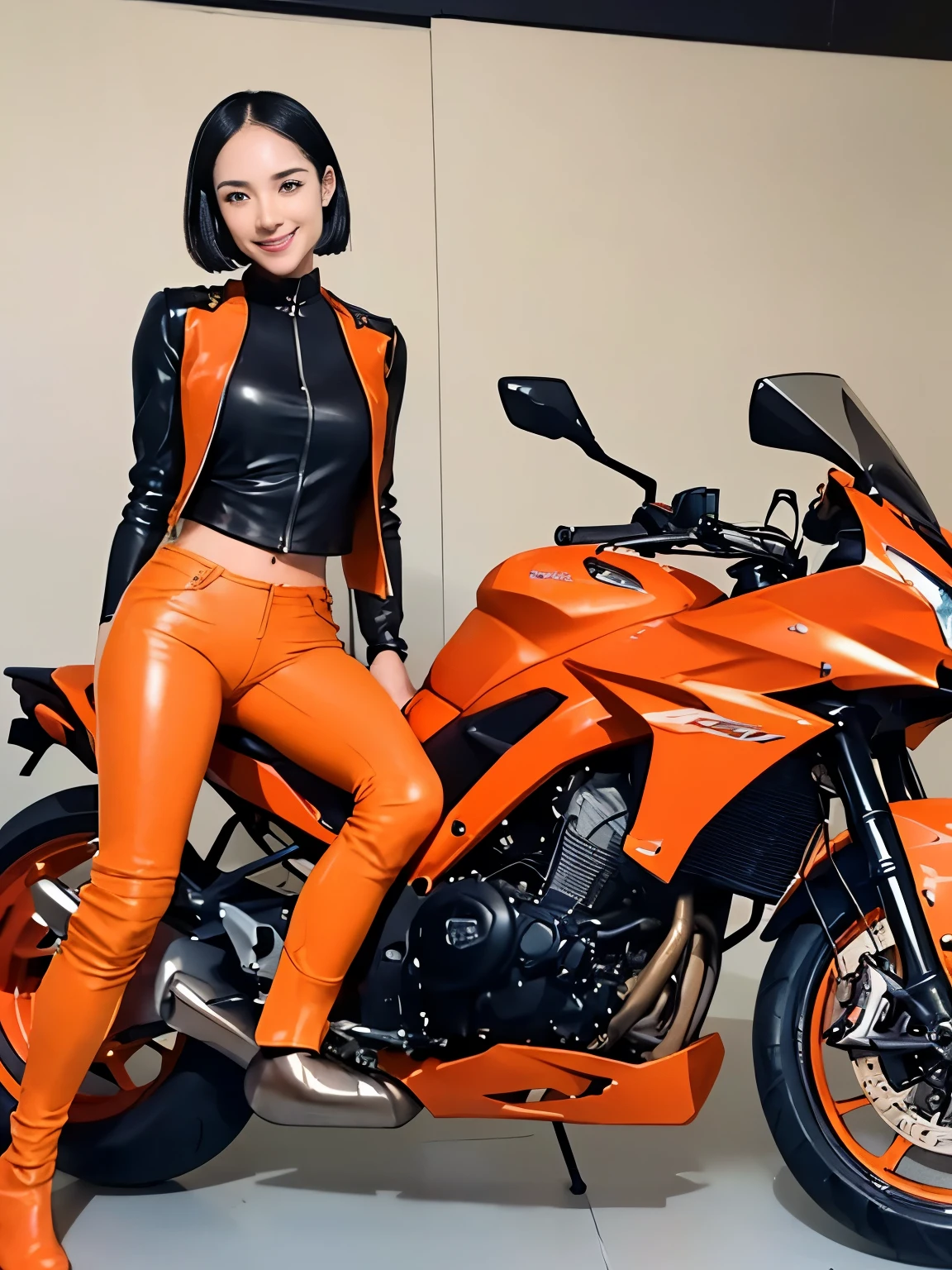 ((best quality)), ((masterpiece)), ((perfect face))、((detailed motorcycle))、Detailed and clear photos、((riding a motorcycle))、slender body、long legs、full body shot、smile、(((Orange long sleeve riding jacket and leather pants)))、(short hair)