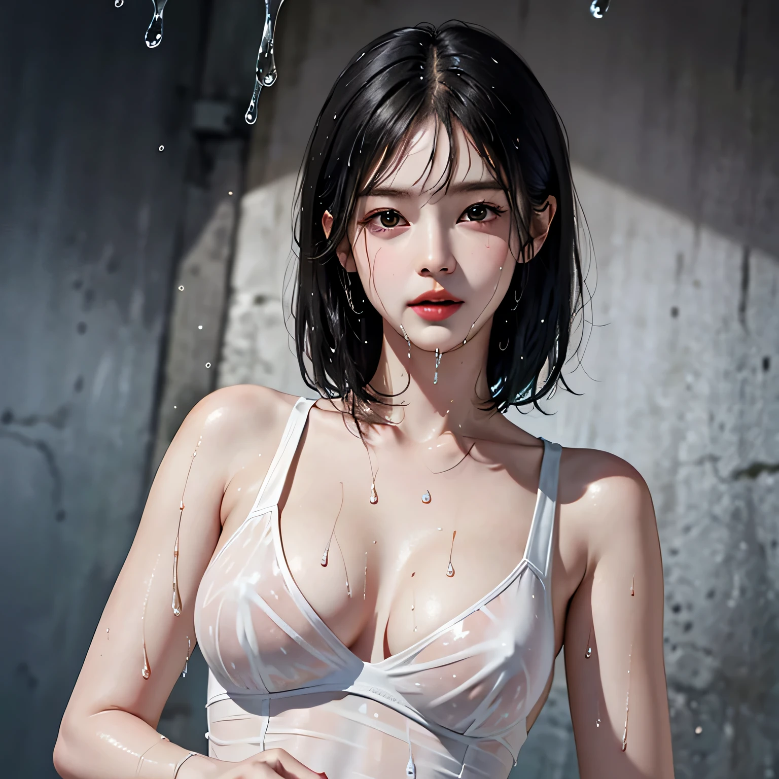 (((NSFW1.5)))，(Masseter muscle part:1.3)、(8K、Photoreal、RAW photo、highest quality: 1.4)、(1 adult female)、beautiful expression、(lifelike face)、sharp brown eyes, supermodel face、(wet black hair、short hair:1.6)、beautiful hairstyle、realistic eyes、beautiful details、（real looking skin）、beautiful skin、（white dress shirt：1.6）、absurd、attractive、超A high resolution、surreal、high detail、golden ratio