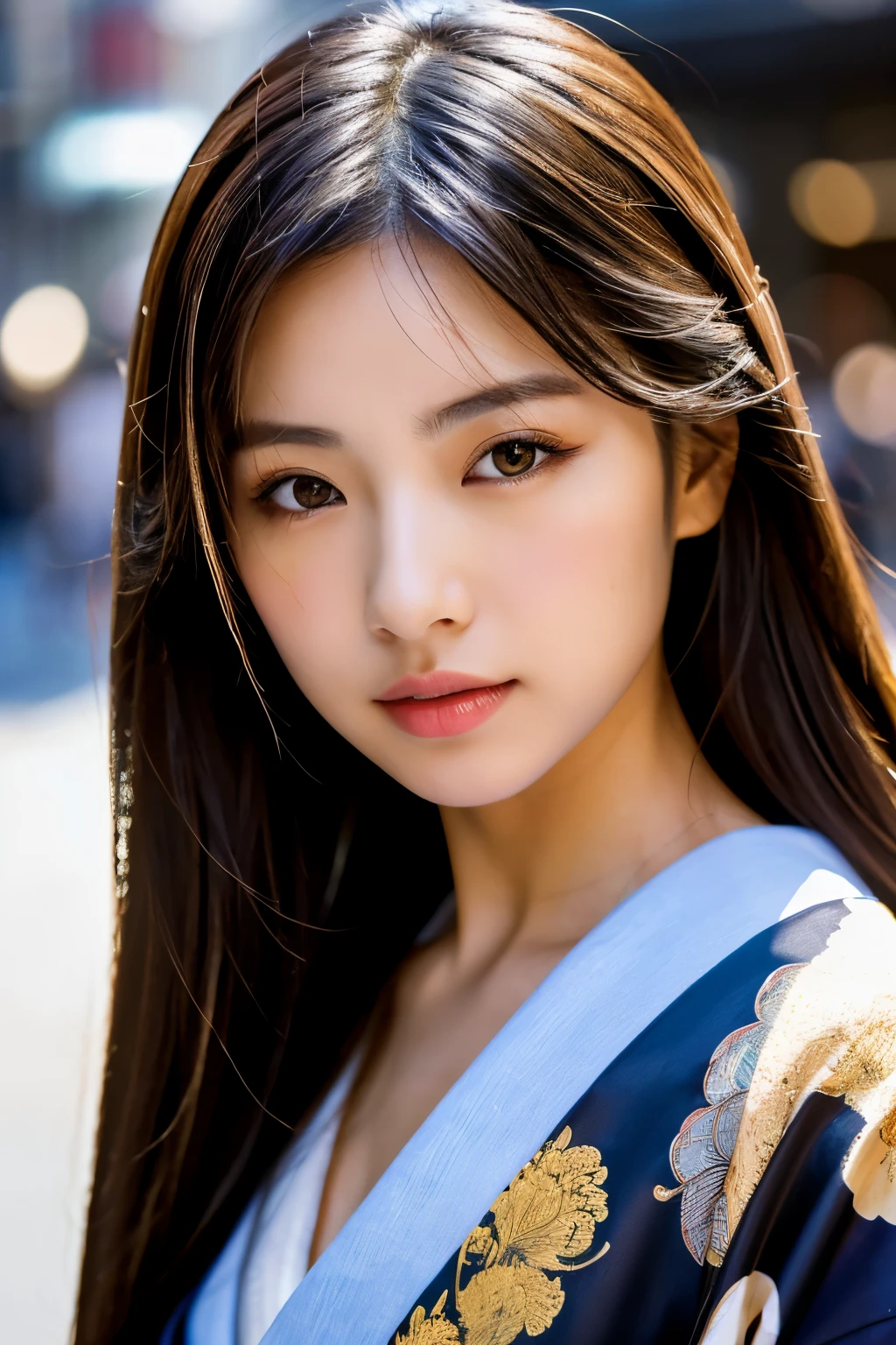 Beautiful Japanese supermodel woman, A lock of hair with slight highlights, black eyes, Sexy,street background,Gorgeous kimono , Liquid color flows across her face, Shooting against the light,Perfect facial lighting,mixed media
