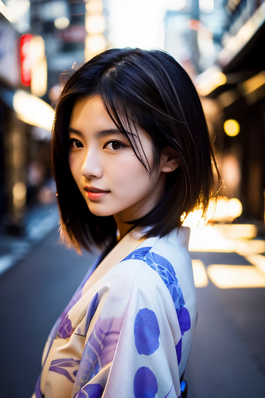 Beautiful Japanese supermodel woman, A lock of hair with slight highlights, black eyes, Sexy,street background,Gorgeous kimono , Liquid color flows across her face, Shooting against the light,Perfect facial lighting,mixed media