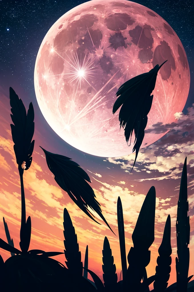 highest quality,big moon and shadow,A silhouette of a person can be seen against the background of the big moon.,There is one full moon,There is a mood,beautiful scenery,starry sky