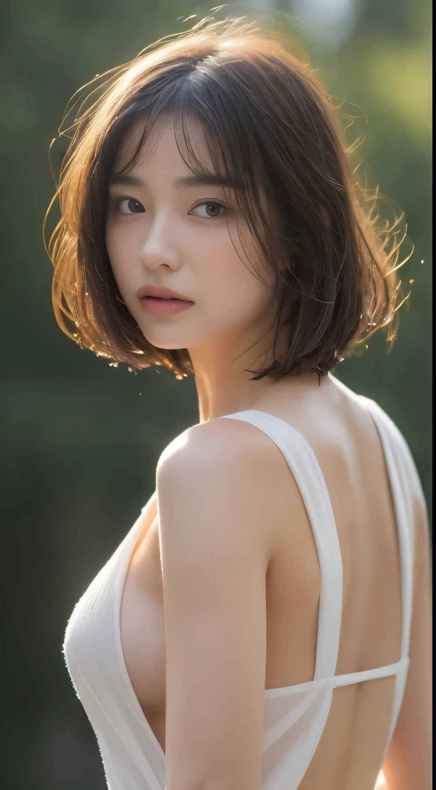 Mix 4, (8k, Live Shooting, Highest quality, masterpiece: 1.2), (Real, Photorealistic: 1.37), One Cute, night, rain, Wetty, Professional Lighting, Photon Mapping, Radio City, Physically Based Rendering, Gradient black hair, Gray Hair, Short Curly Hair, good looking, Highest quality写真, High resolution, 1080P, (Clear Face), (Detailed face description), (Detailed hand description), (masterpiece), (Exquisite CG)、Extreme light and shadow、Disheveled Hair、Masterwork、Rich details、(Fine facial features)、(Highest qualityの写真)、(Masterpiece)、(Detailed eyes)、Look in front of you、Detailed clavicle、((Mid-breasted))、Nipple erection、Sexy、Lady、Clear、No shine on clothes、rainのなか、outside、Large umbrellaをさしている、rainで服が濡れている、rainで髪の毛が濡れている、My clothes are wet and transparent、Large umbrella、