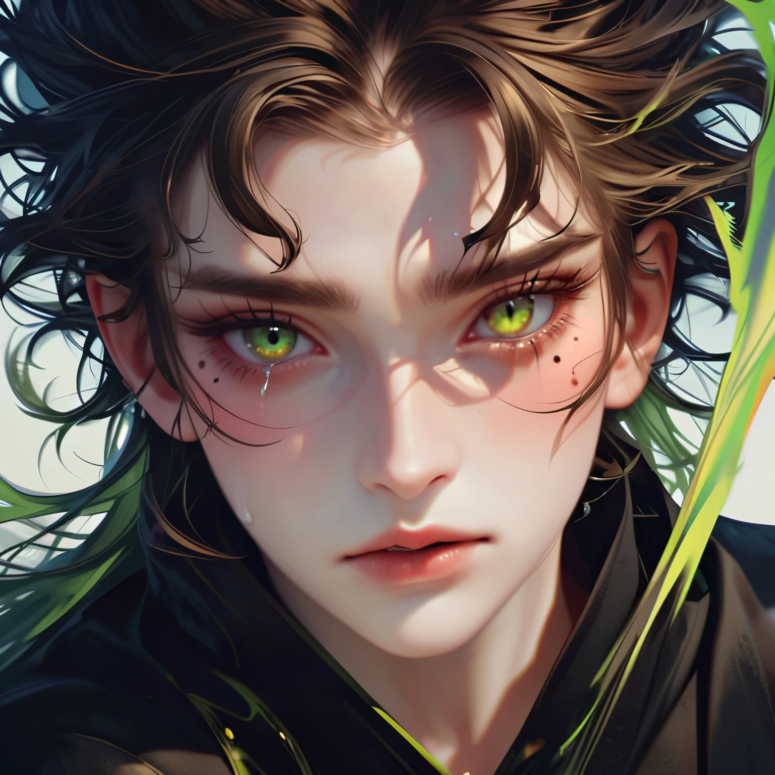 Style 3,boy,A tearful mole under the right eye,green eyes,white center part hair,cat eyes,wizard,wearing a black robe