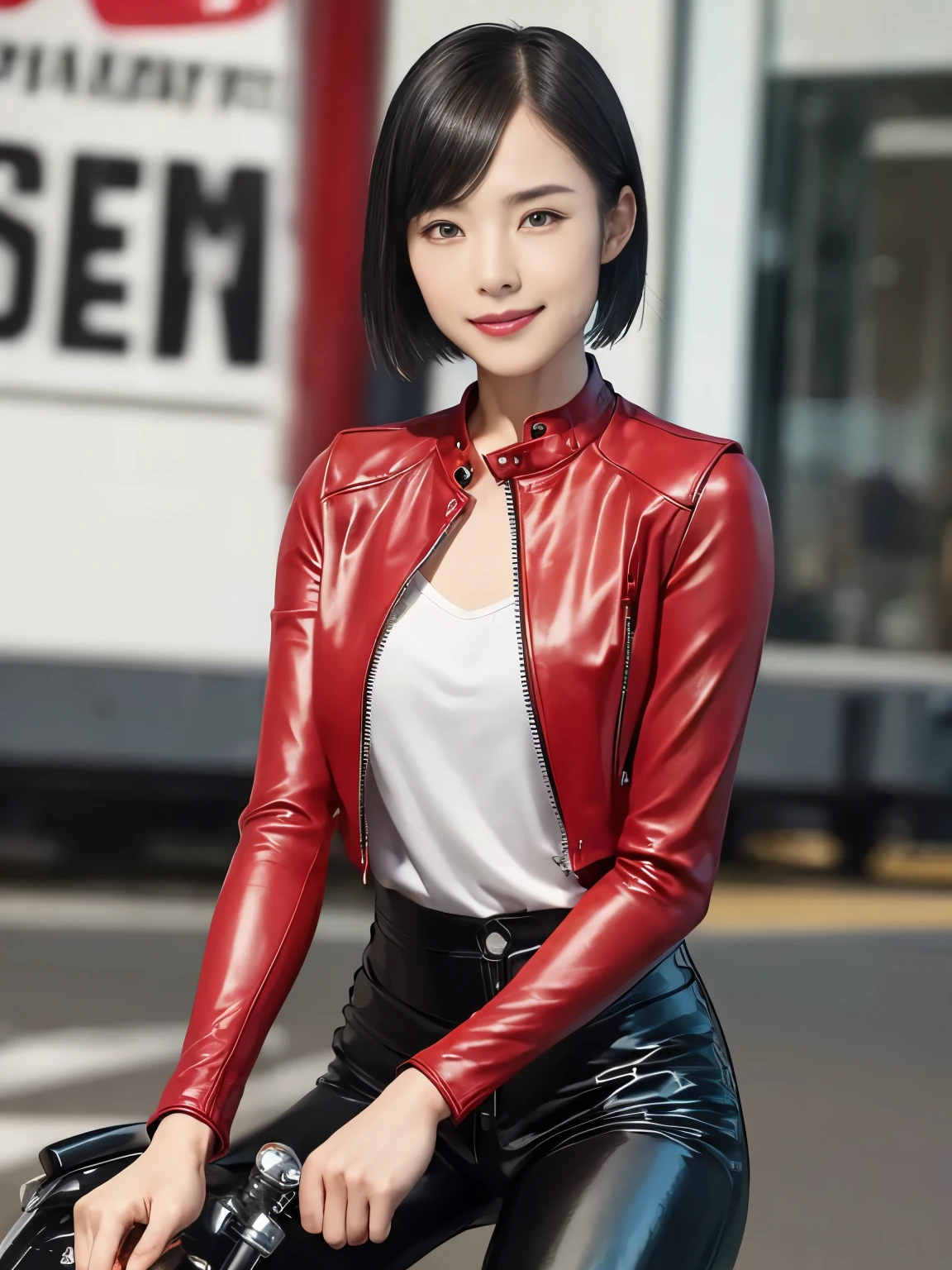 ((best quality)), ((masterpiece)), ((perfect face))、((detailed motorcycle))、Detailed and clear photos、((riding a motorcycle))、slender body、long legs、full body shot、smile、(((Red long sleeve riding jacket and leather pants)))、(short hair)