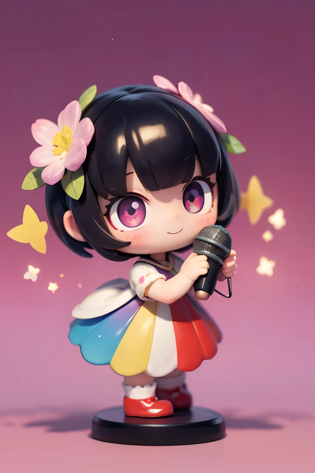 Extremely detailed,(Fractal Art:1.1),(Colorful:1.1)(Flowers:1.3)、 (Dynamic Pose), (Abstract background:1.3)、(Many colors:1.4)、Place one small doll on a circular stand、kawaii pose、A smile、A dark-haired、Chibi Doll、Stars in the eyes(kirakira)、Singing with microphone in hand、Eye Up、Laugh、Cute red shoes、Ultra Detail, radiant light、bio luminescent、Stronger bokeh effect、Taken from the side