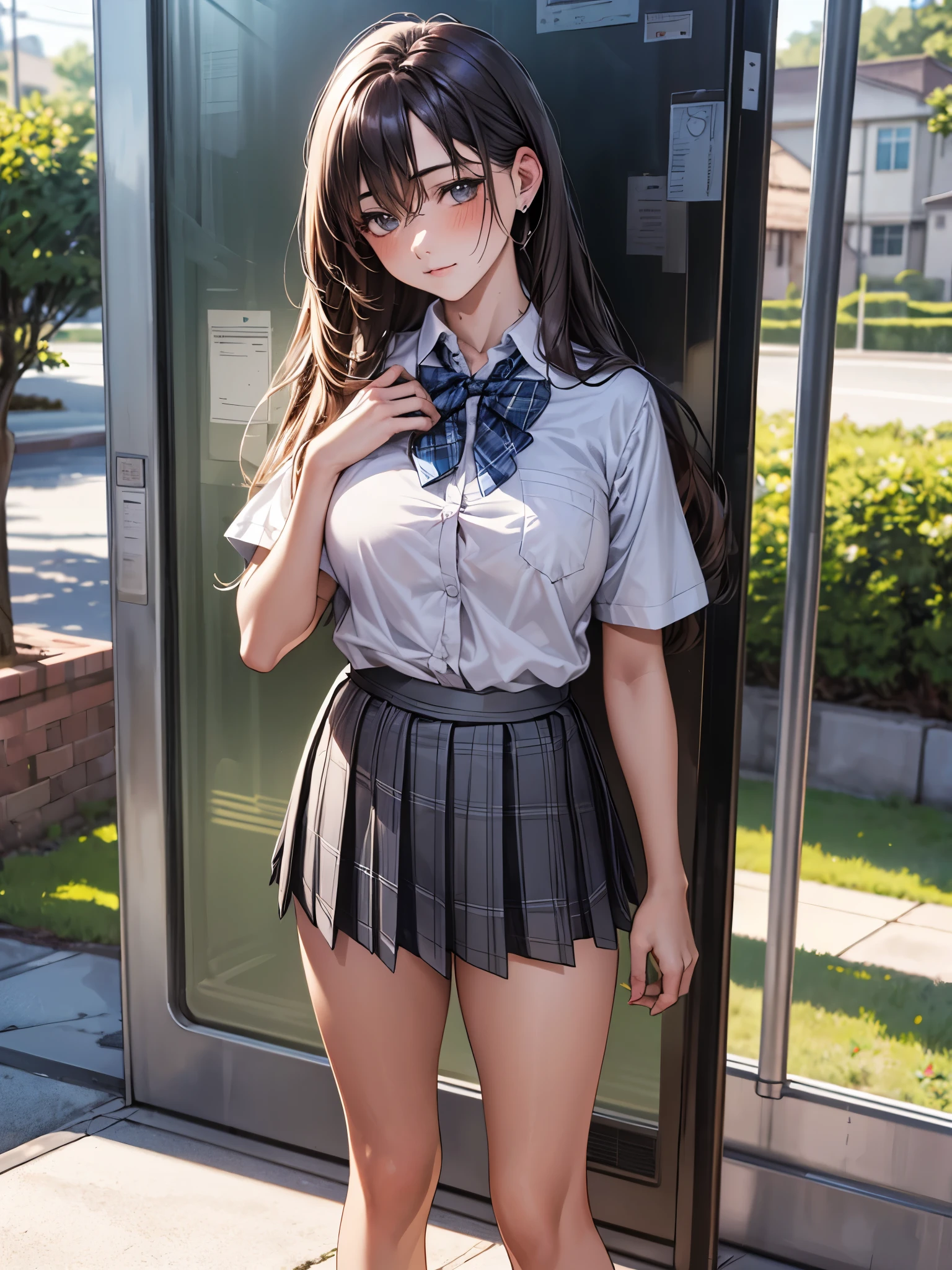 (Masterpiece:1.3、highest quality、Ultra-high resolution、Super detailed)、(Real:1.1、Photorealistic:1.4)、Beautiful illustrations、Perfect lighting、colorful、Border Depth、Beautiful hair in every detail、Beautiful face in every detail、Beautiful definition details、Beautiful clavicle、Beautiful body、Beautiful breasts、Beautiful thighs、Beautiful legs、Beautiful fingers、Show Viewer、1 girl、Japanese、high school girl、Perfect Face、(Perfect Anatomy、Anatomically correct)、Cute and symmetrical face、Baby face、Skin radiance、(Camel Toe:1.5、Shaved:1.2)、Blonde、Asymmetrical Bangs、blue eyes、Long eyelashes、(Chest)、Skinny、(Pull up your skirt、Not wearing underwear、No underwear:2、No bra:1.5)、((Collared short-sleeved shirt、White shirt、)Grey plaid pleated skirt、There is nothing attached under the skirt))、(Beautiful views)、evening、(Outdoor、distant cityscape)、Are standing、(She's pulling up her skirt herself:2)、(Cute smile、Blushing、Looking up、Open your mouth)、 (Opening a girl's pussy:1.3)、hour々squat:1.2、Stick your fingers in your:1.2、