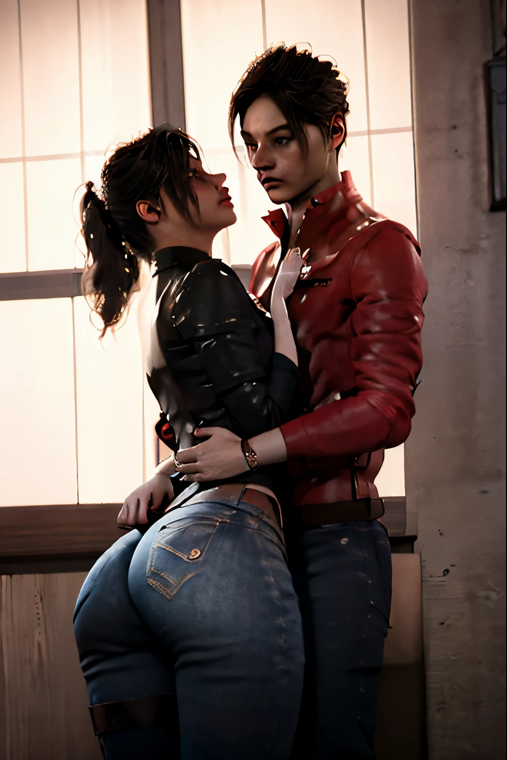(masterpiece, best quality), 1girl and 1 man, claireredfield2, wear jeans, kiss the man , girl ass, the man is pressing girl against the wall