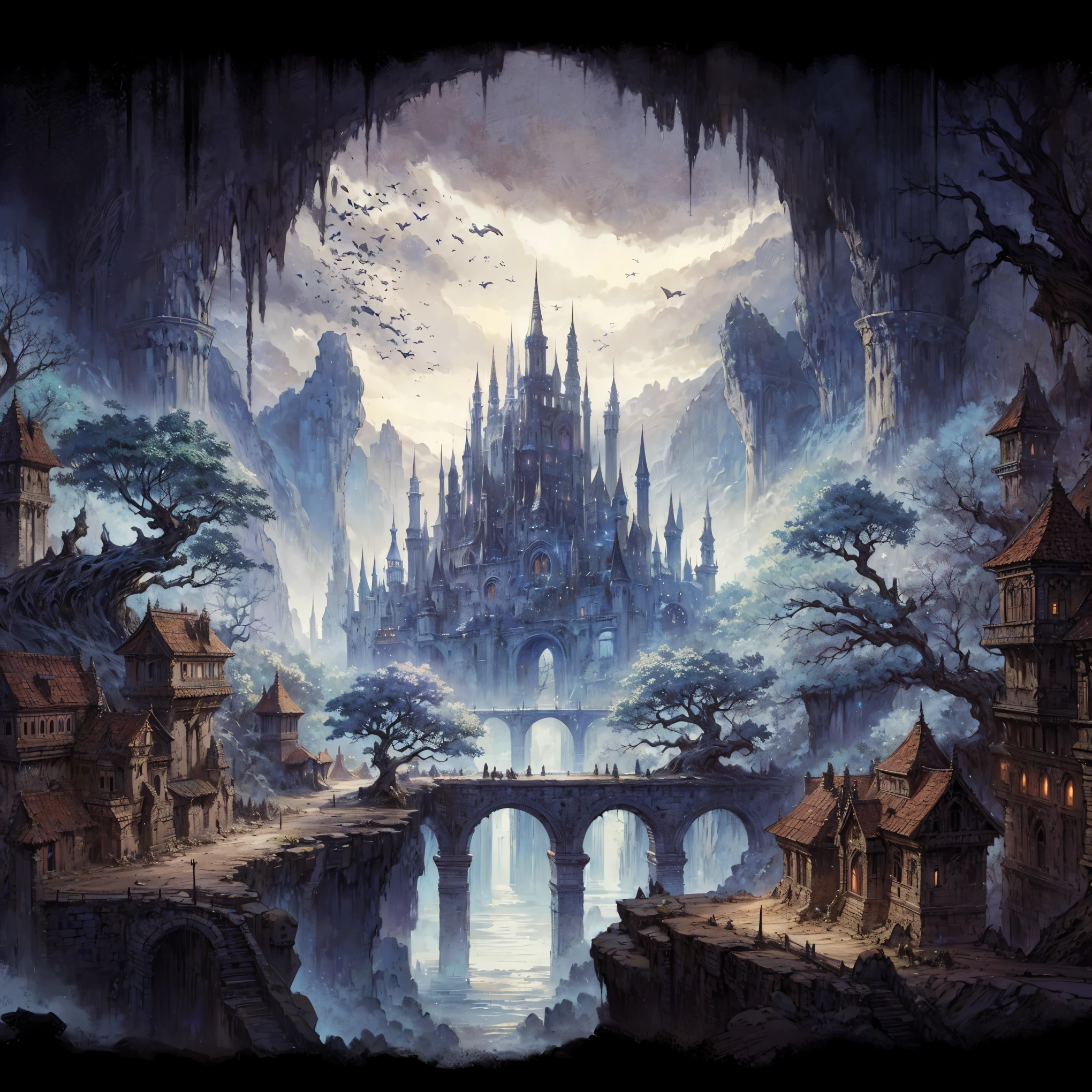 Close-up of a painting of a castle in the forest, highly detailed fantasy art, highly detailed fantasy, dark fantasy setting, dark fantasy works, dark fantasy style art, dark fantasy city, detailed fantasy digital art, dark fantasy world, detailed fantasy art, symmetrical epic fantasy art, Medieval dark fantasy, detailed matte fantasy painting, Beautifully detailed fantasy