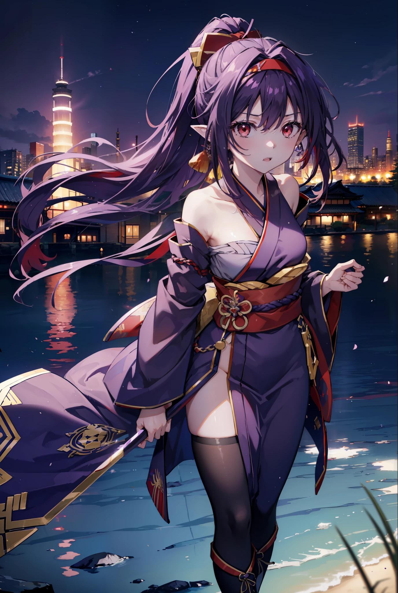 yuukikonno, Yuki Konno, hair band, long hair, pointy ears,ponytail, purple hair, (red eyes:1.5), (small breasts:1.2), open your mouth,purple kimono,red hakama,boots,Japan sword 1:1 Hold the grip in your hand,
break looking at viewer, Upper body, whole body,
break outdoors, medieval europe cityscape,
break (masterpiece:1.2), highest quality, High resolution, unity 8k wallpaper, (shape:0.8), (thin and beautiful eyes:1.6), highly detailed face, perfect lighting, Very detailed CG, (perfect hands, perfect anatomy),